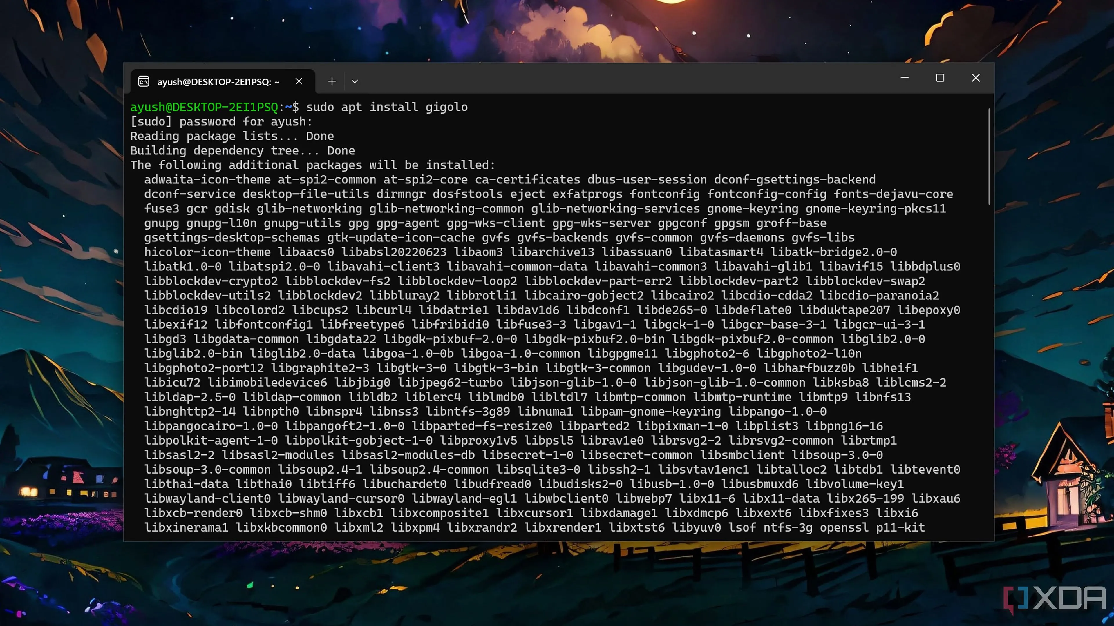 Quá trình cài đặt Gigolo trong môi trường Windows Subsystem for Linux 2 (WSL2), minh họa khả năng làm việc với Linux trên Windows.
