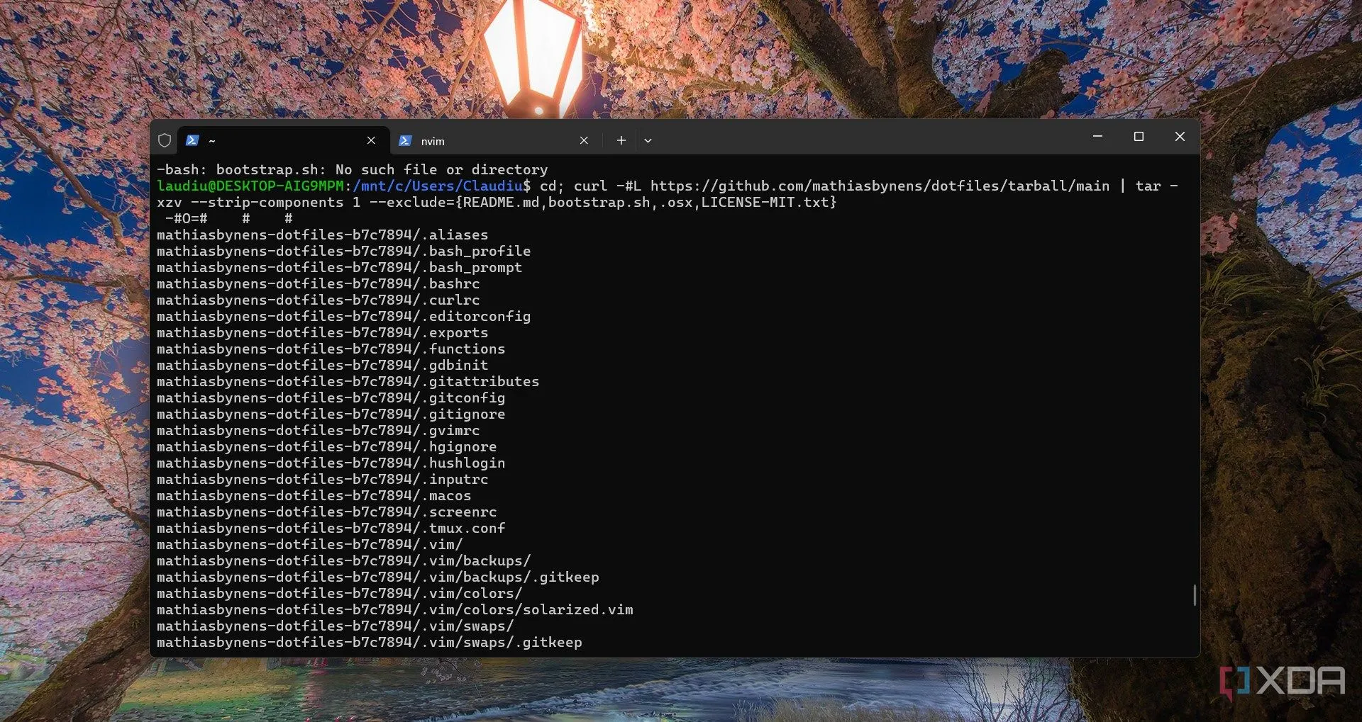 Quá trình cài đặt kho lưu trữ dotfiles từ GitHub qua WSL, minh họa khả năng kiểm soát sâu hệ thống.