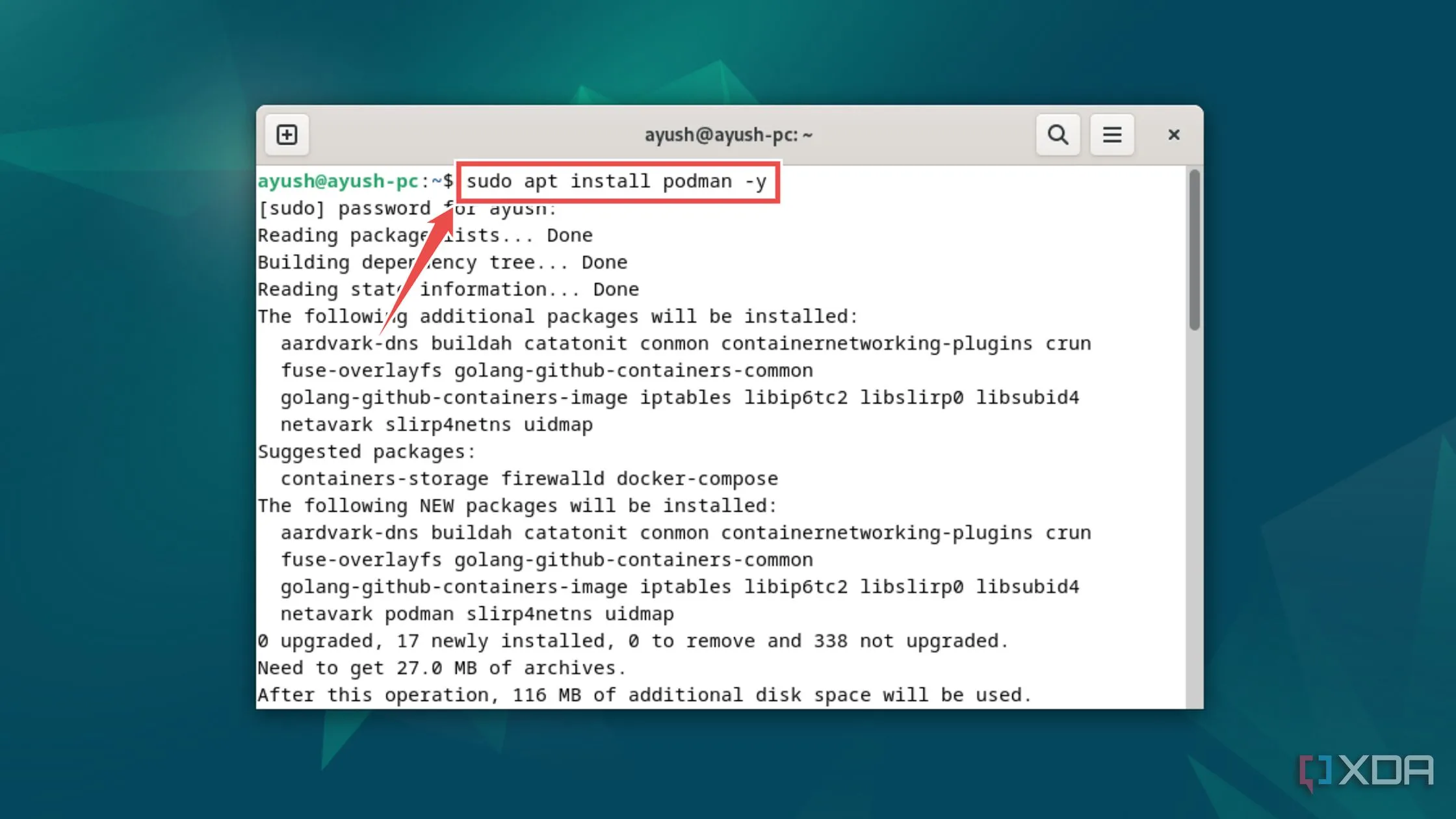 Quá trình cài đặt Podman bằng lệnh sudo apt install podman -y trên hệ điều hành Linux