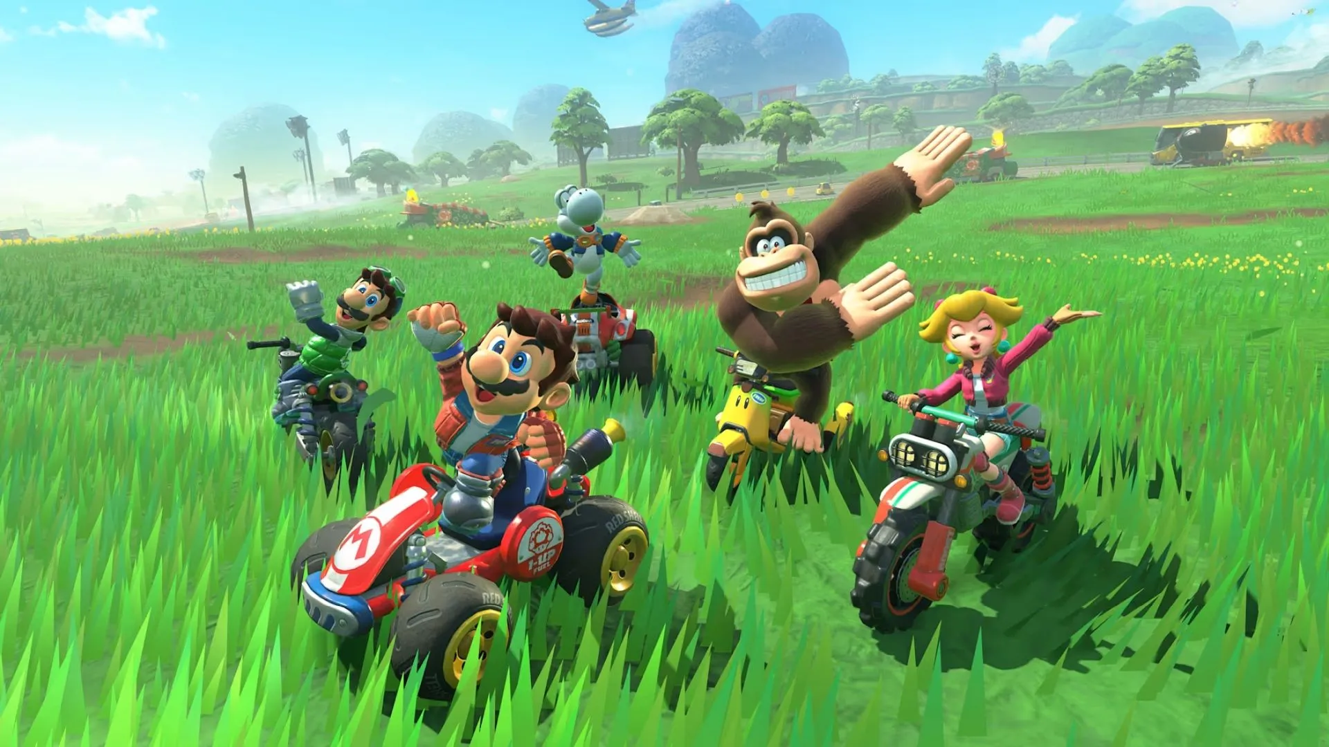 Quang cảnh rộng lớn của đường đua sa mạc Desert Hills trong Grand Prix Flower Cup của Mario Kart World