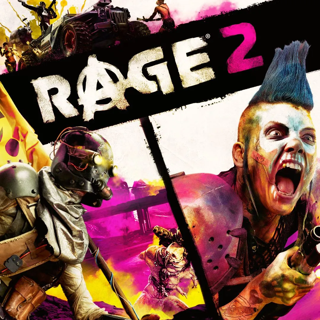 Rage 2 - hình ảnh bìa game hành động thế giới mở với nhân vật chính trong bối cảnh hậu tận thế và phương tiện chiến đấu