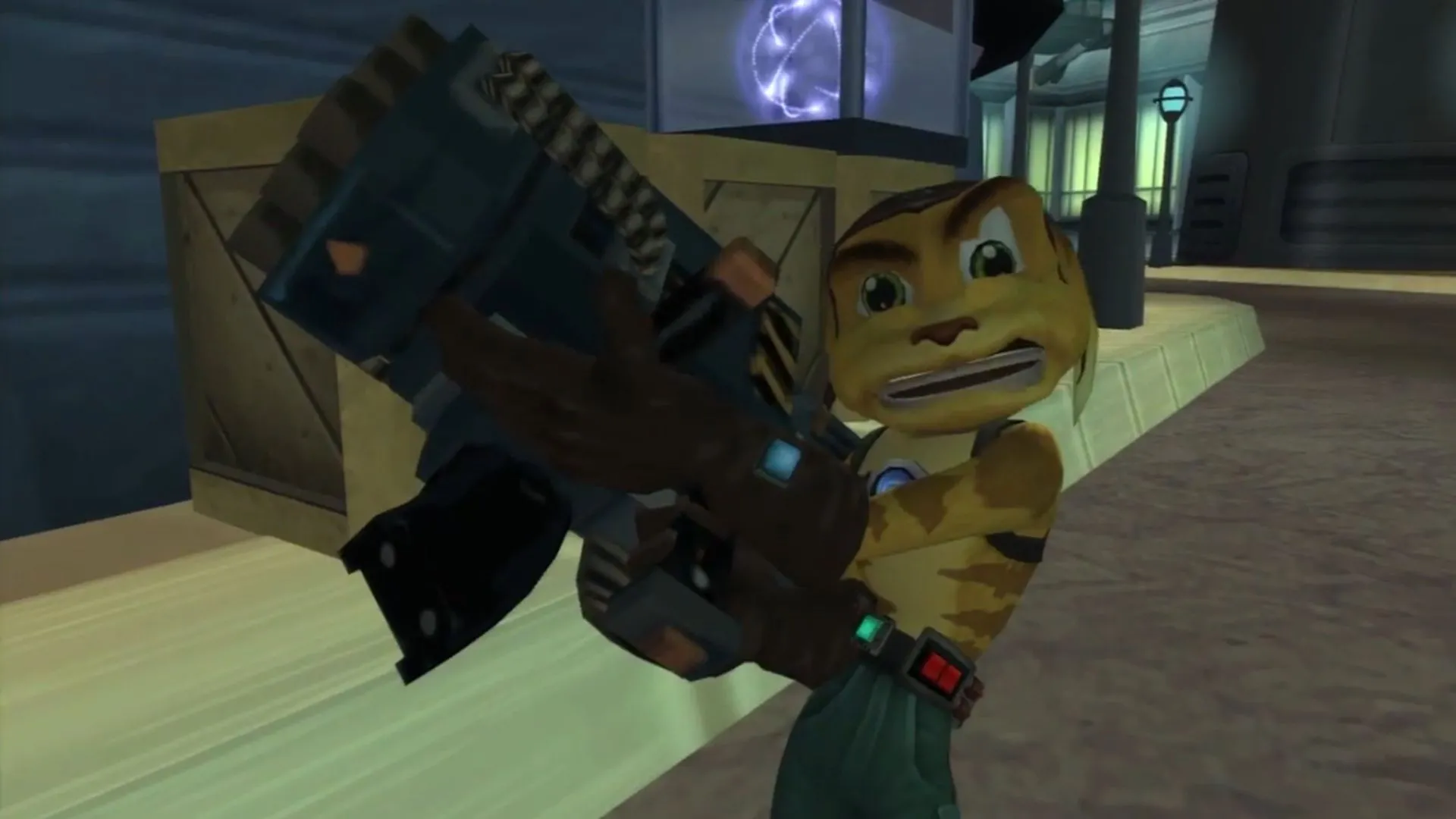 Ratchet đang cầm khẩu RYNO huyền thoại trong Ratchet &amp; Clank, một trong những vũ khí hủy diệt mạnh nhất series.