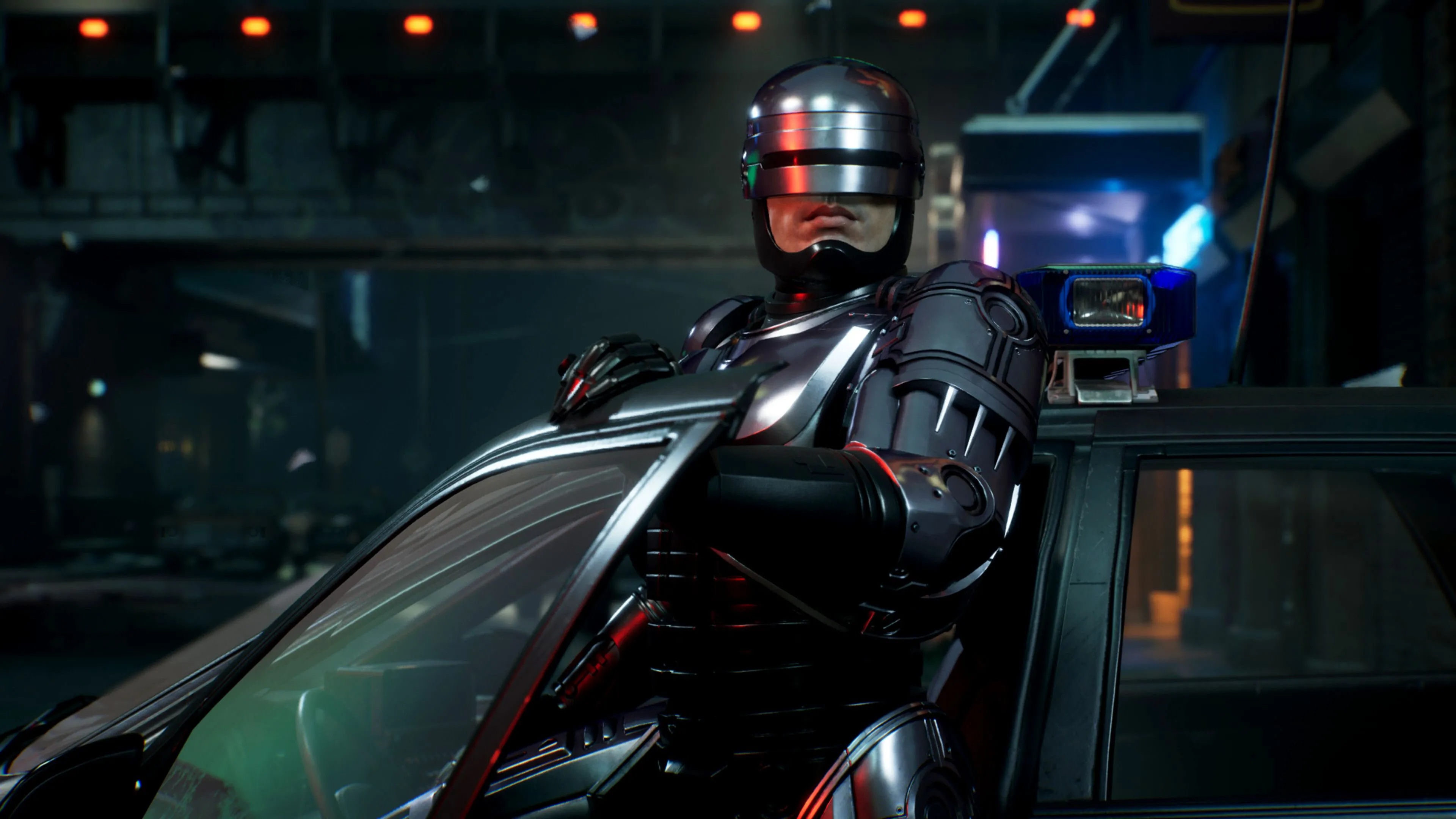 RoboCop đang bước ra từ xe trong game RoboCop: Rogue City, thể hiện lối chơi bắn súng góc nhìn thứ nhất
