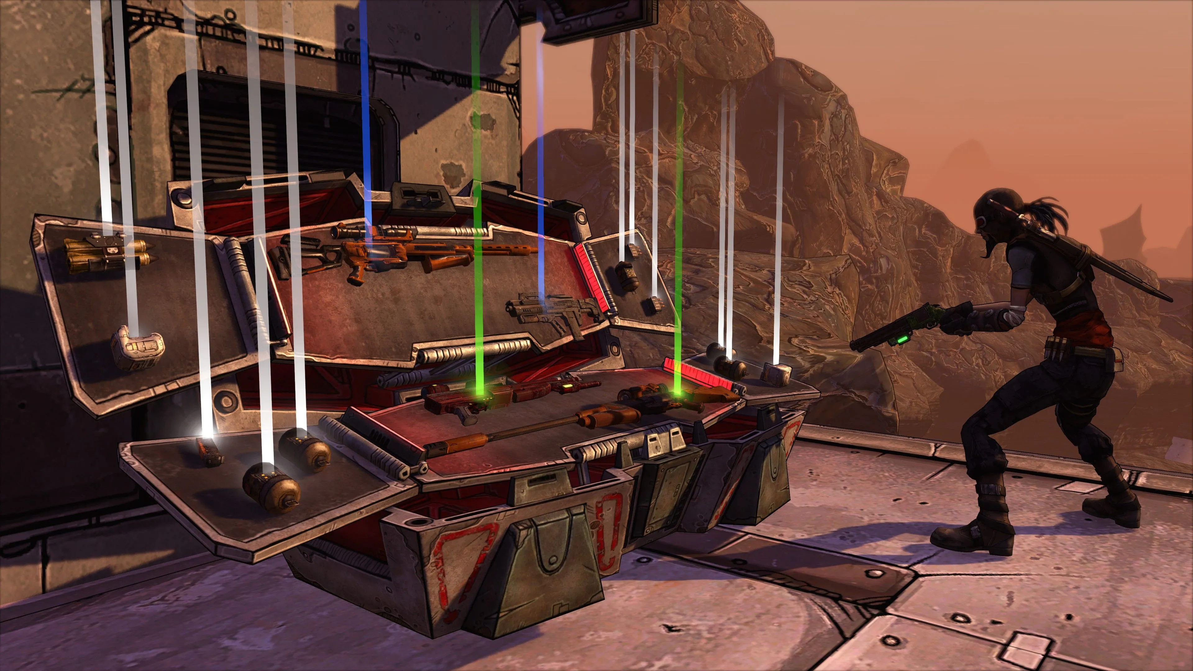 Rương đồ mở trong Borderlands, biểu tượng của game bắn súng cướp đồ với tính năng chia đôi màn hình