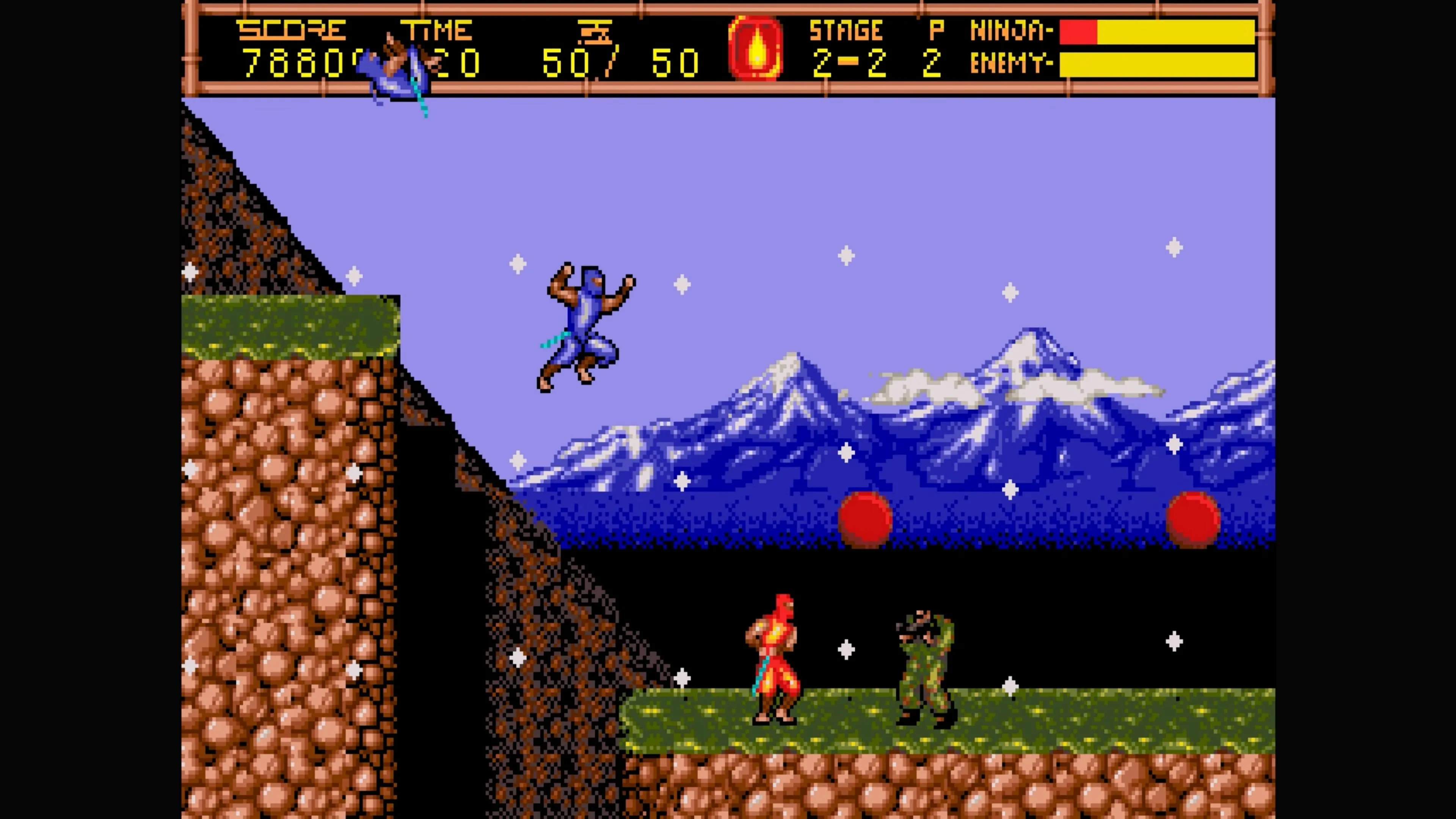 Ryu Hayabusa nhảy qua vách đá trong game Ninja Gaiden II