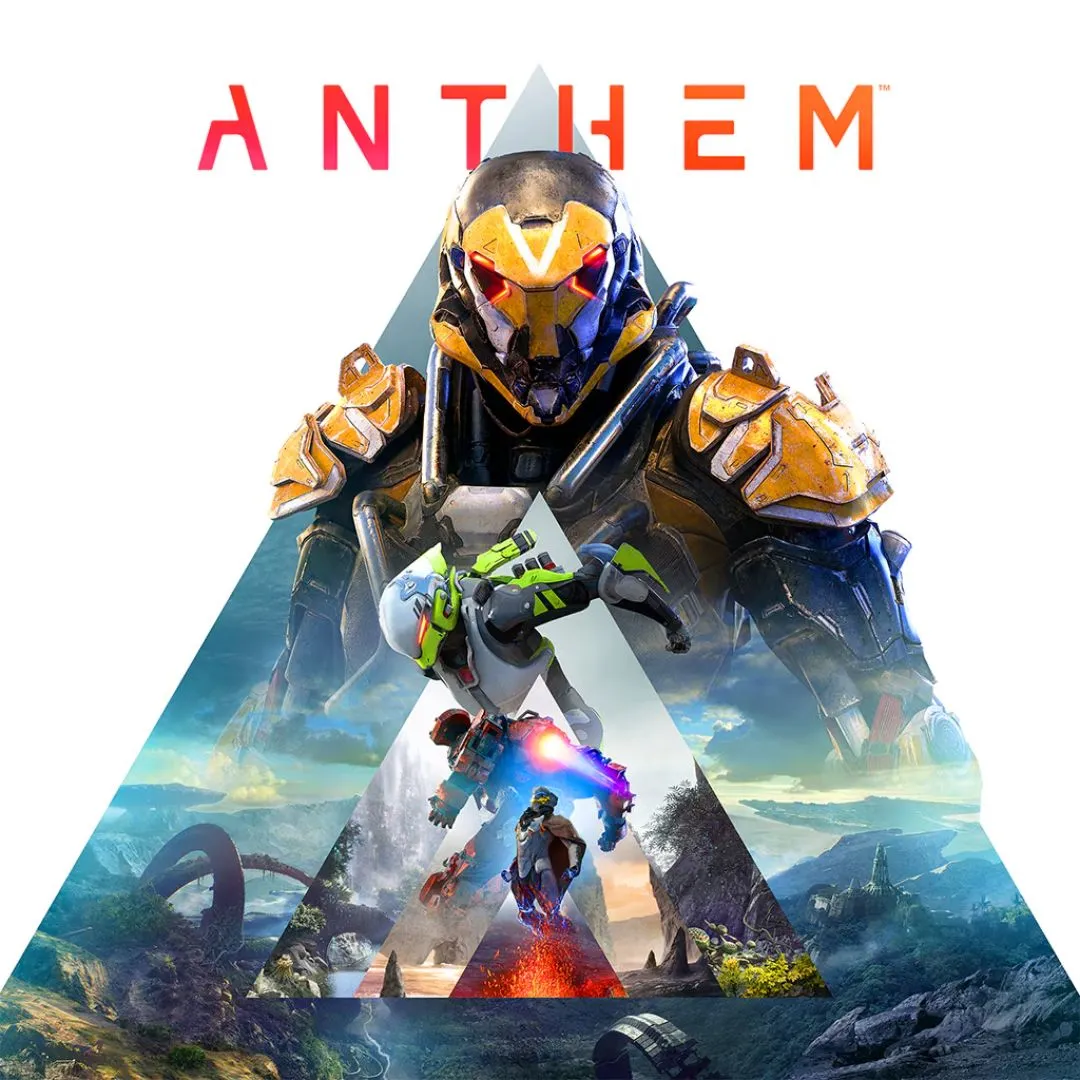 Sản phẩm game Anthem với nhân vật Javelin bay lượn trong bối cảnh hùng vĩ và hiệu ứng ánh sáng