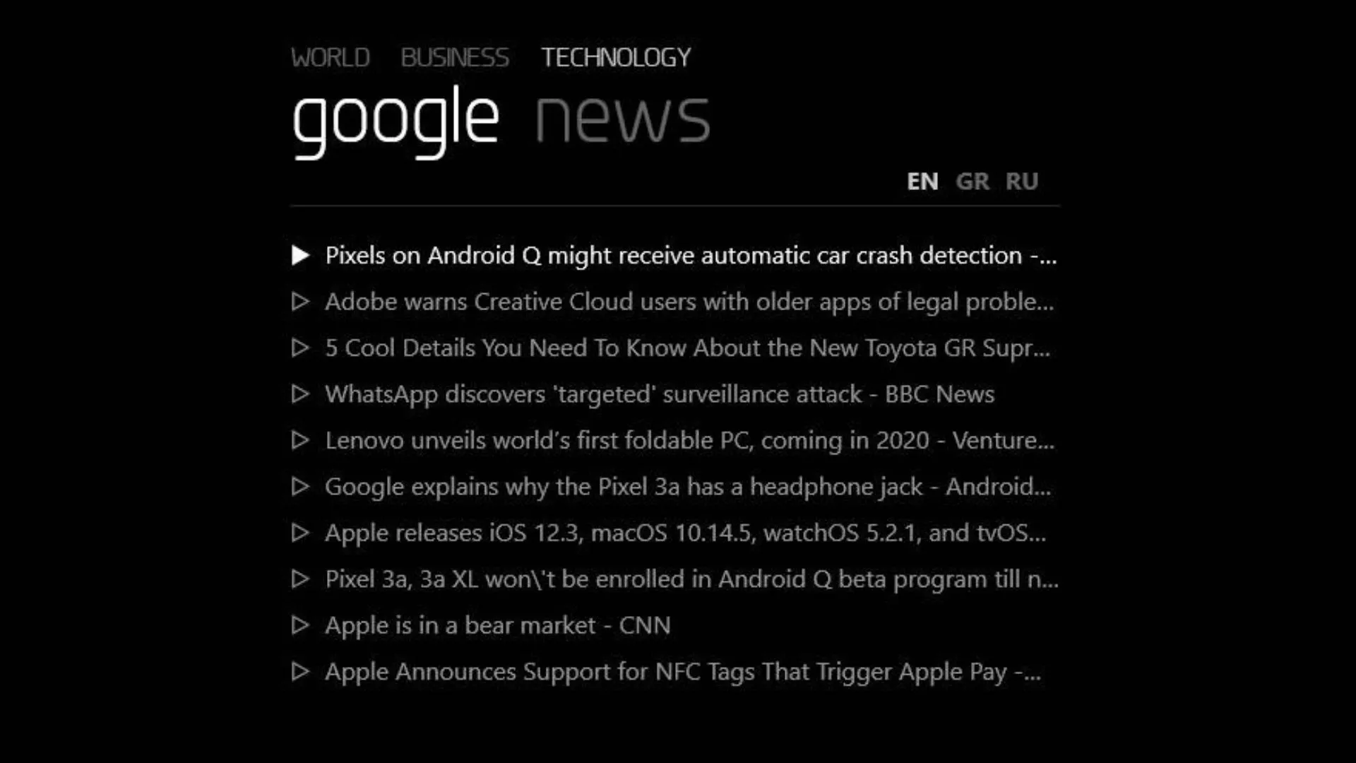Skin đọc tin tức RSS Google News trên Rainmeter hiển thị các tiêu đề
