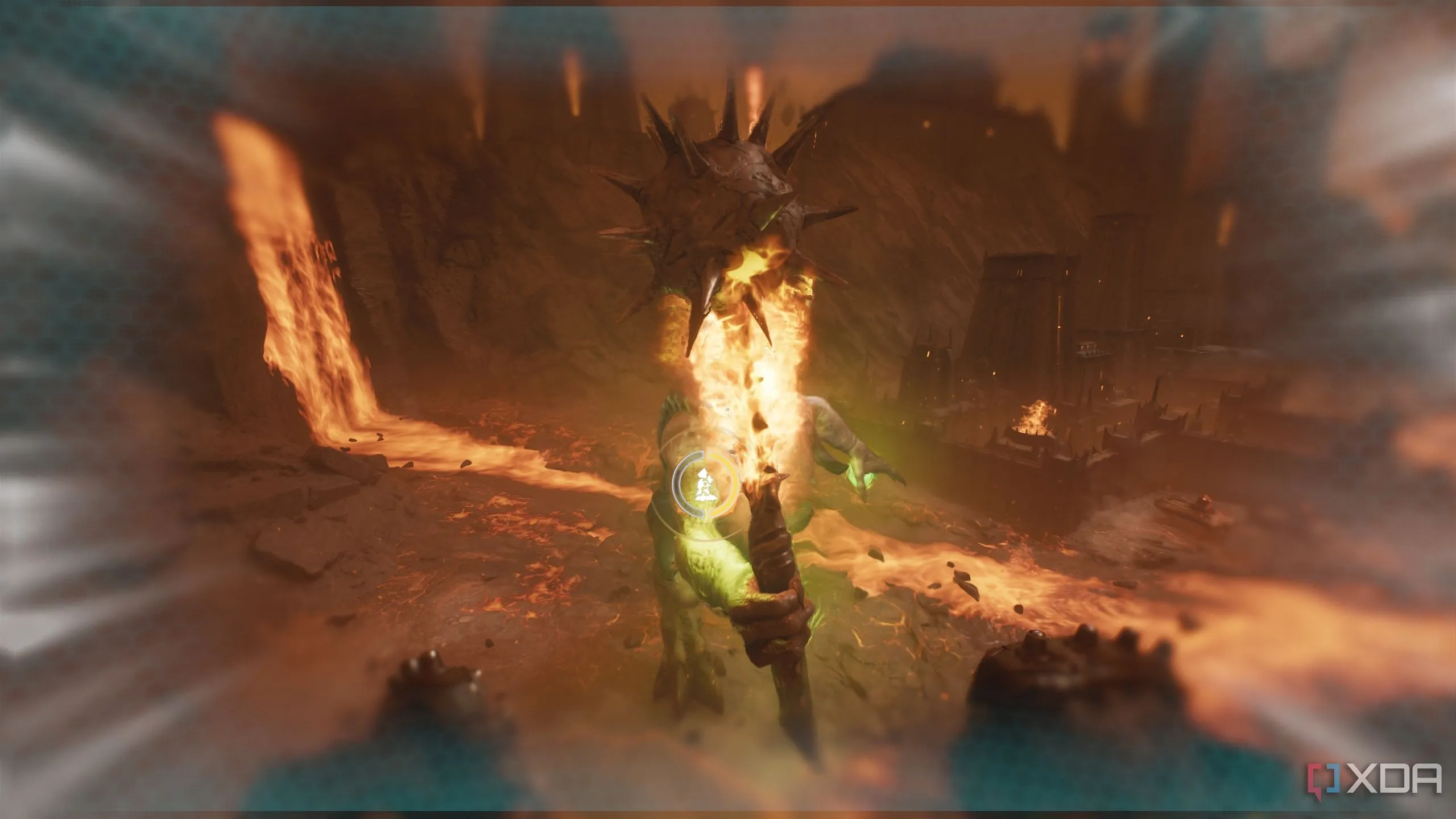 Slayer thực hiện né tránh hoàn hảo đòn tấn công của Titan trong Doom The Dark Ages