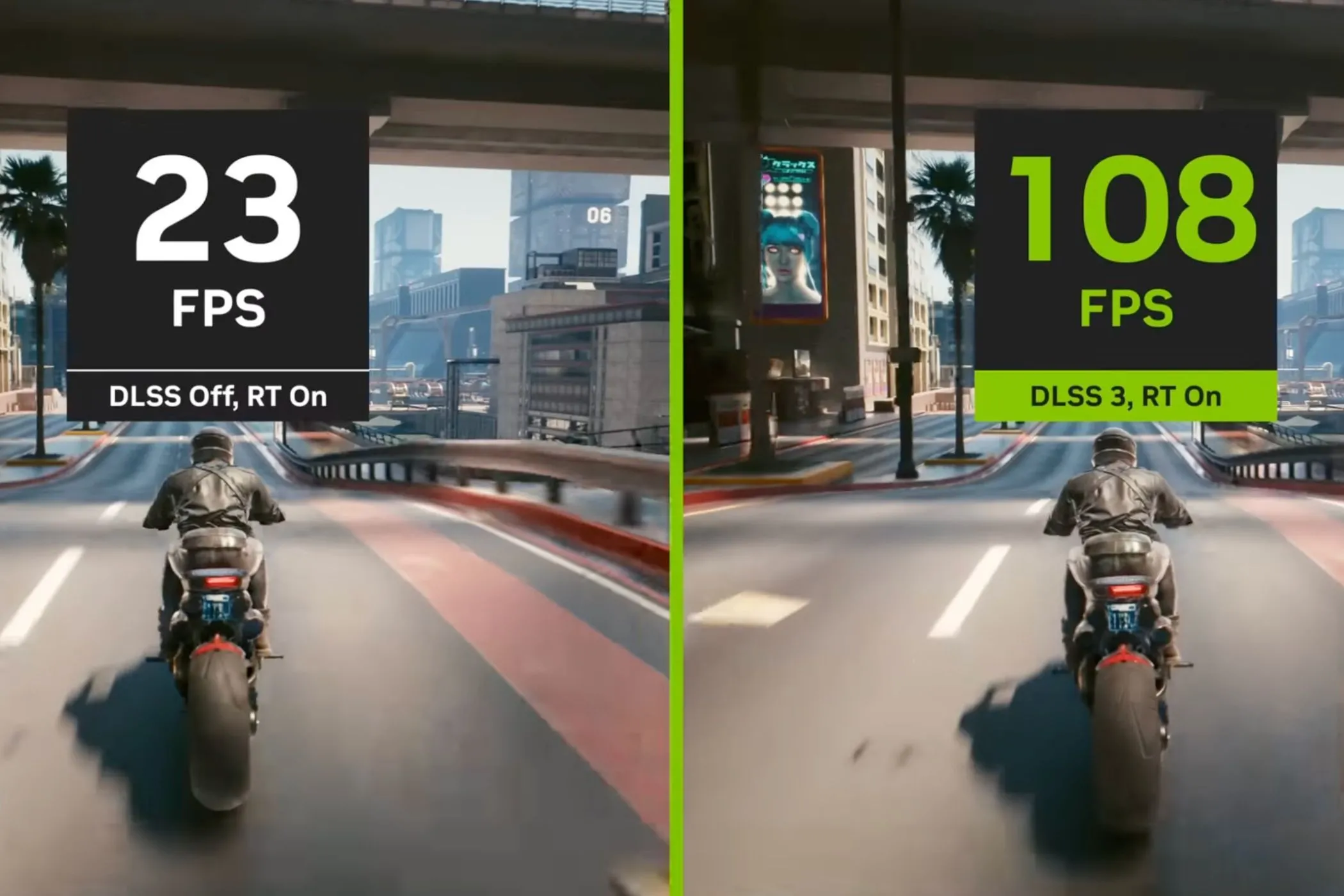 So sánh chất lượng hình ảnh Cyberpunk 2077 với và không có DLSS, cho thấy sự cải thiện rõ rệt của công nghệ nâng cấp hình ảnh