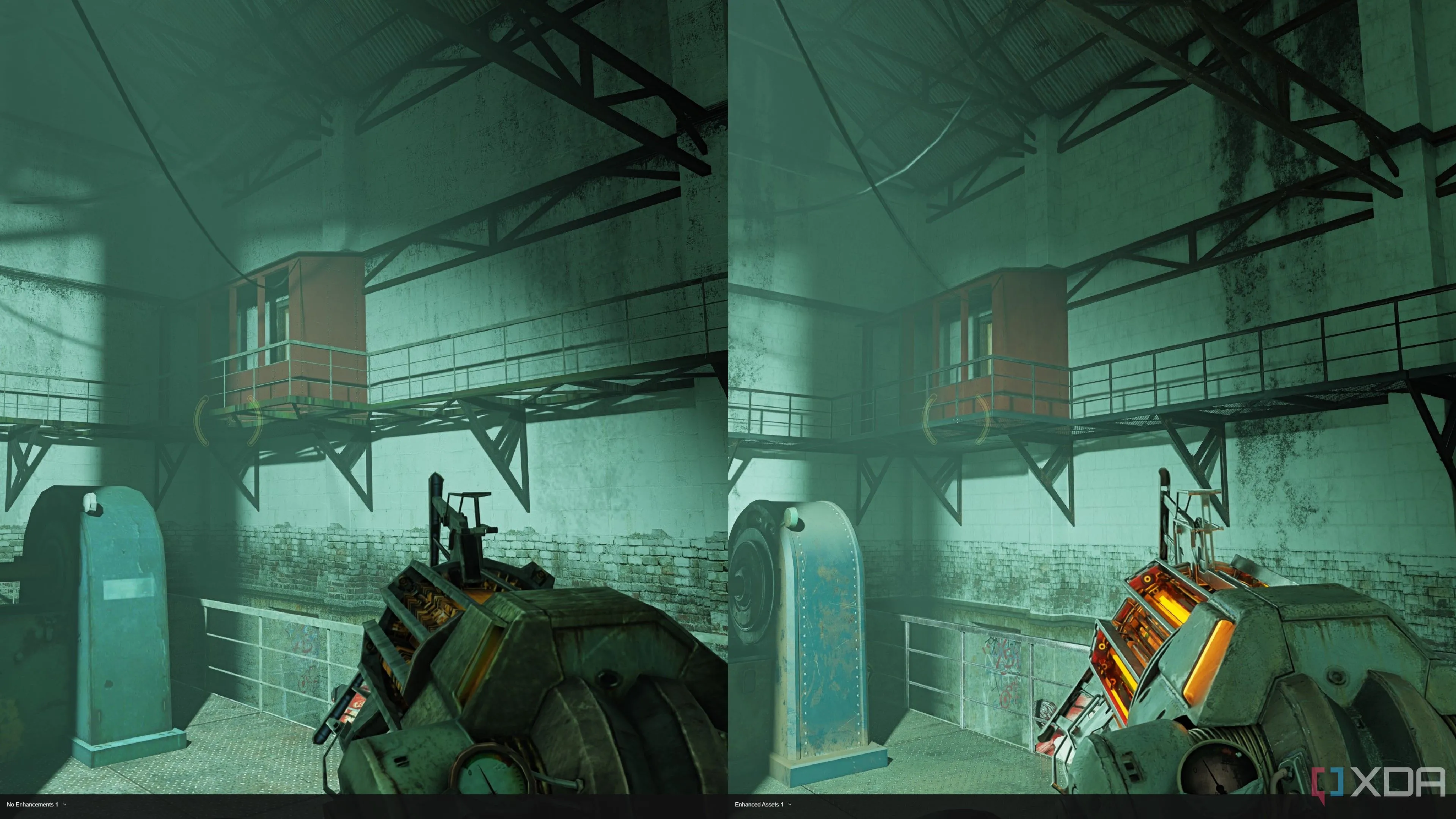 So sánh chất lượng tài nguyên trong Half-Life 2 RTX, đặc biệt là súng trọng lực Gravity Gun và sàn catwalk, cho thấy sự cải thiện đáng kể về chi tiết và tương tác ánh sáng
