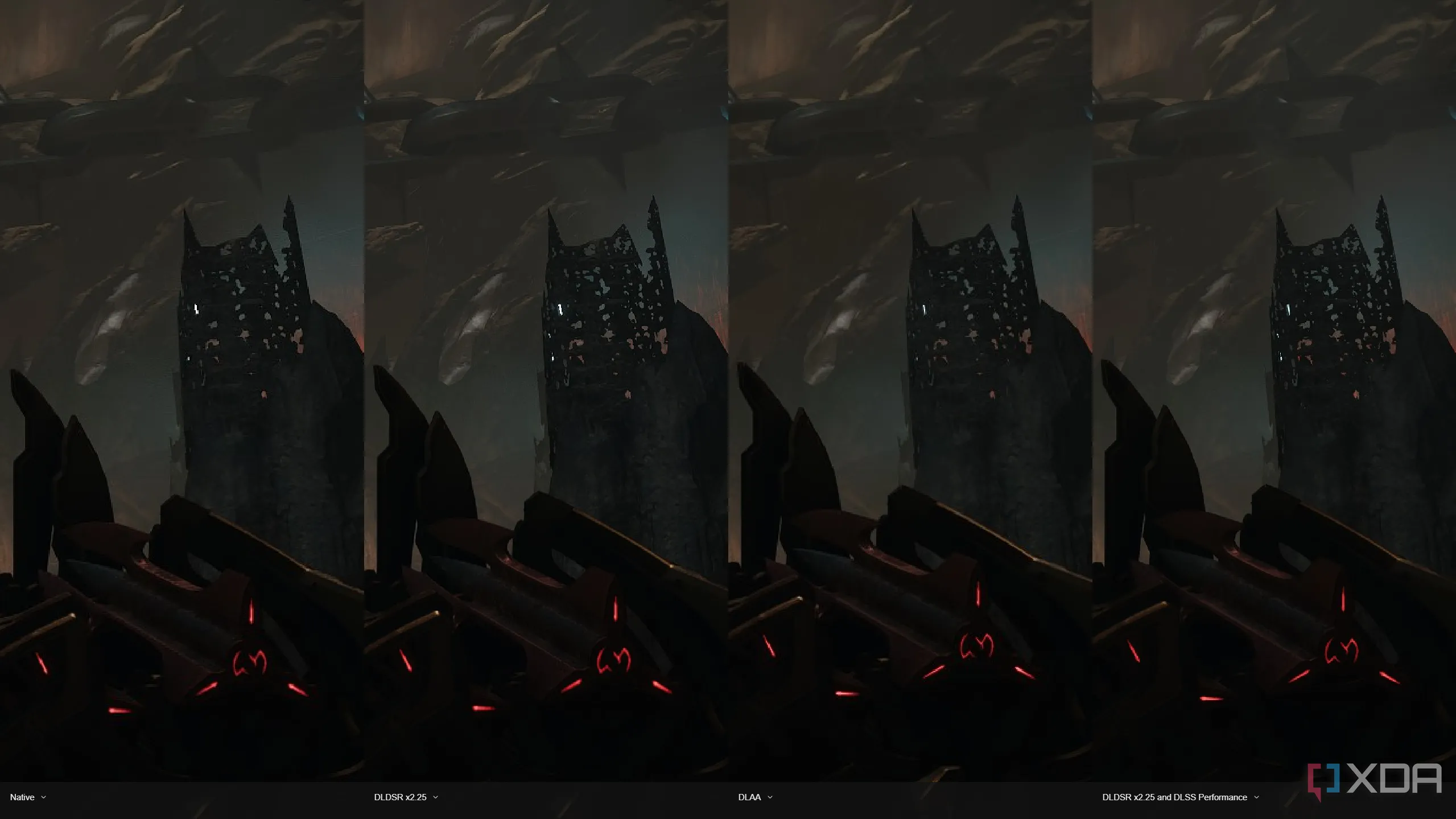 So sánh độ sắc nét giữa DLDSR và DLAA trong game Doom: The Dark Ages, cho thấy DLDSR mang lại chi tiết tốt hơn.
