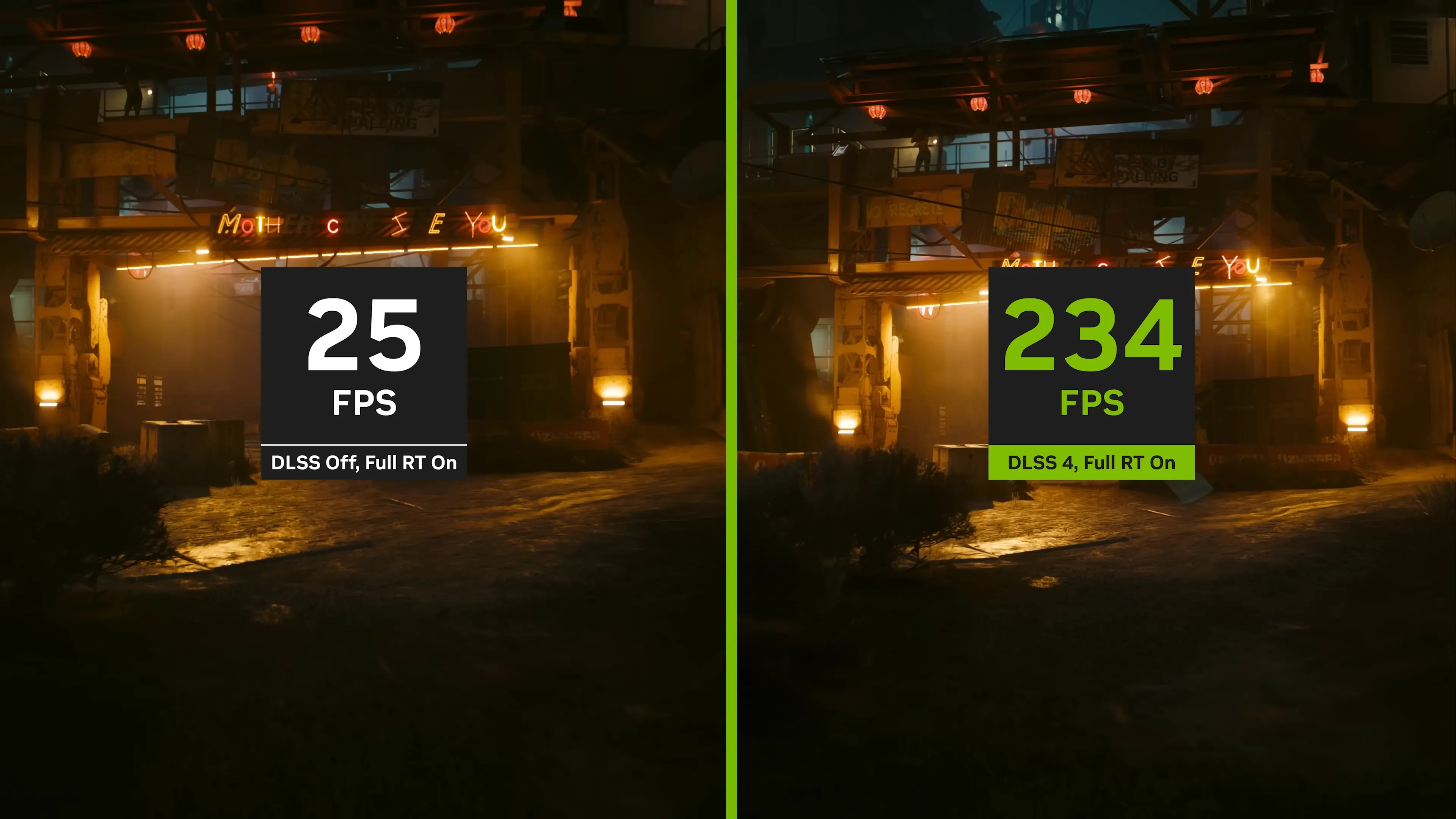 So sánh hiệu năng chơi game với và không có DLSS 4 trên card đồ họa Nvidia RTX, làm nổi bật sự khác biệt về chất lượng hình ảnh và khung hình.