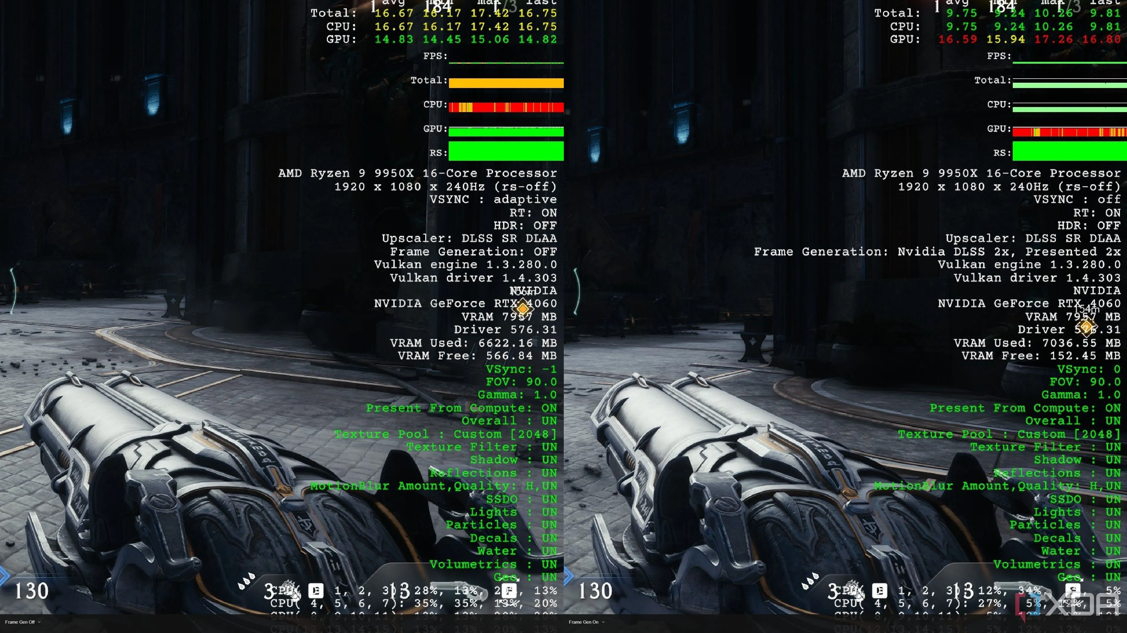 So sánh hiệu năng với Frame Generation bật/tắt trên RTX 4060 trong Doom The Dark Ages