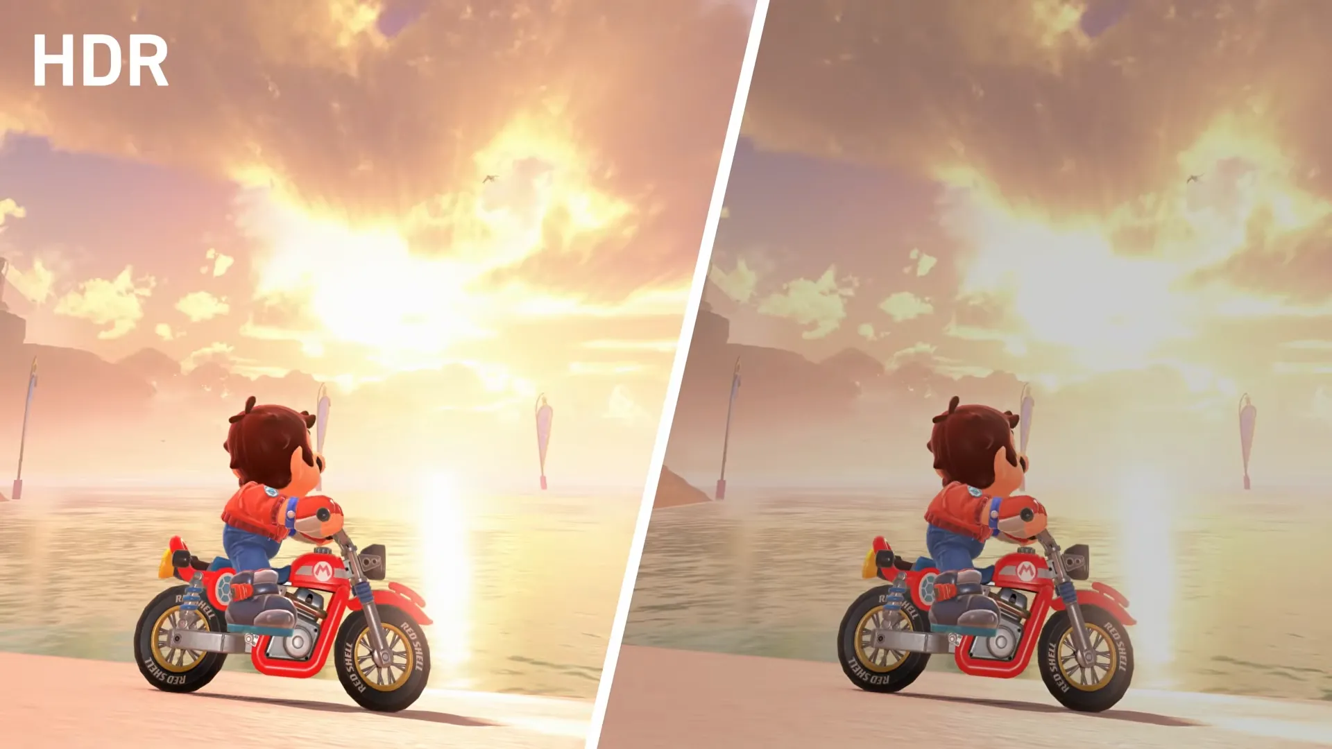 So sánh hình ảnh game Mario Kart World khi bật và tắt chế độ HDR trên Nintendo Switch 2