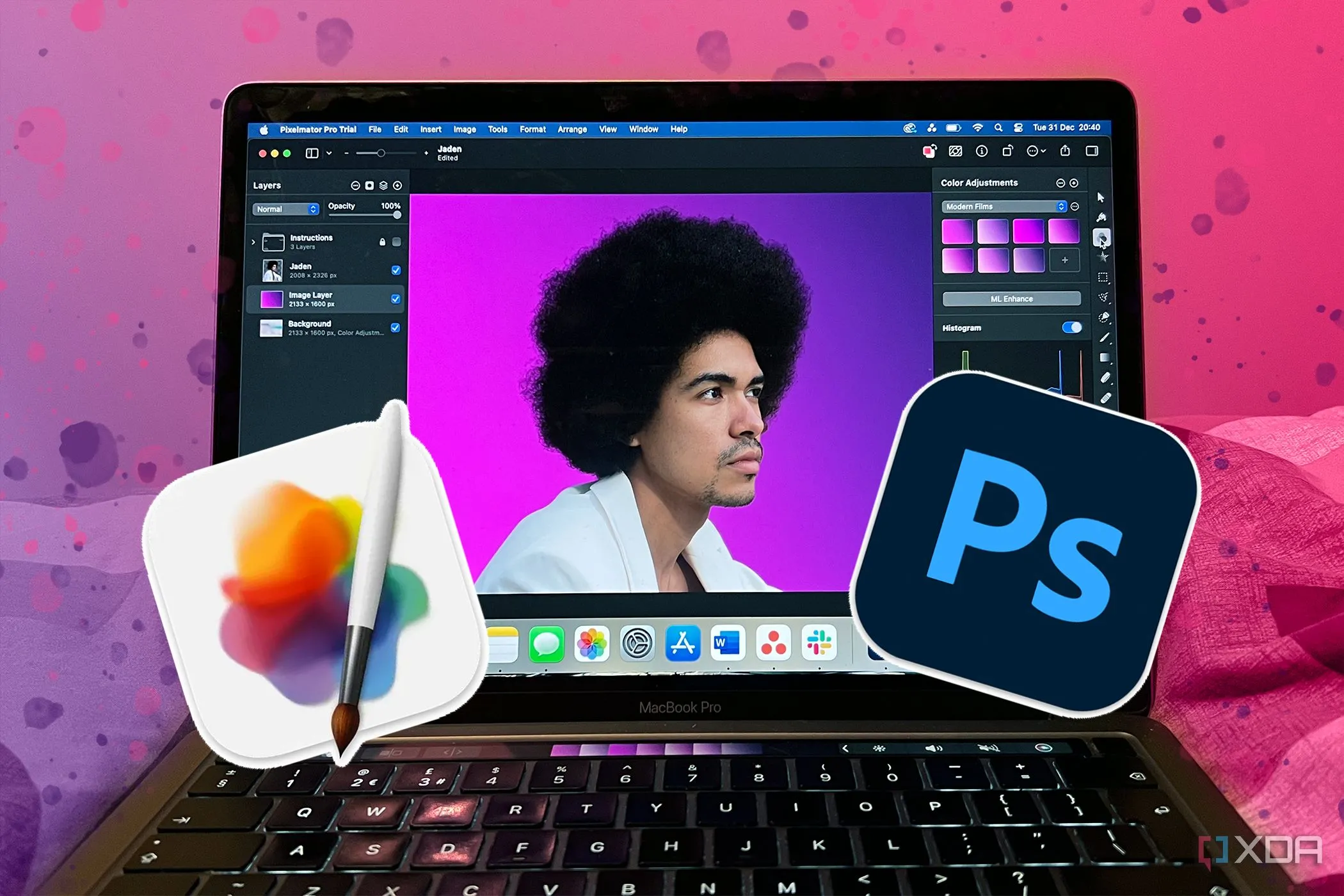 So sánh Pixelmator Pro trên MacBook với logo Photoshop, đại diện cho phần mềm chỉnh sửa ảnh thay thế Adobe
