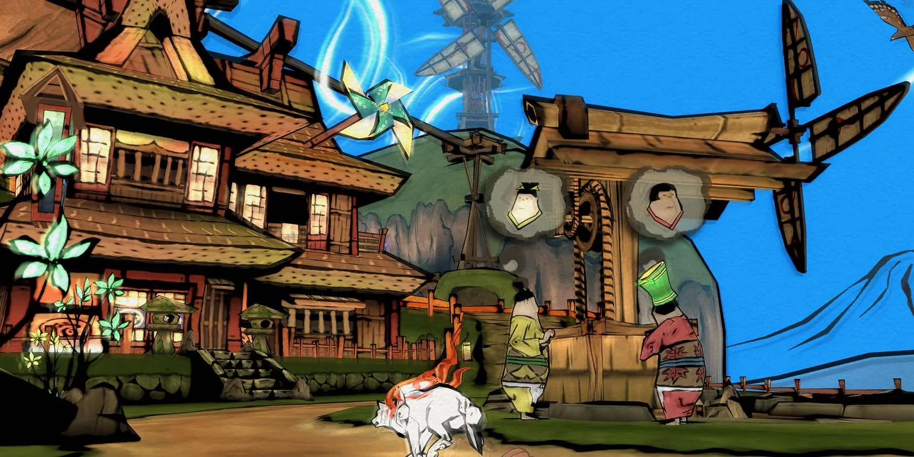 Sói trắng Amaterasu khám phá thế giới rộng lớn của Okami với cây cối xanh tươi và dòng sông