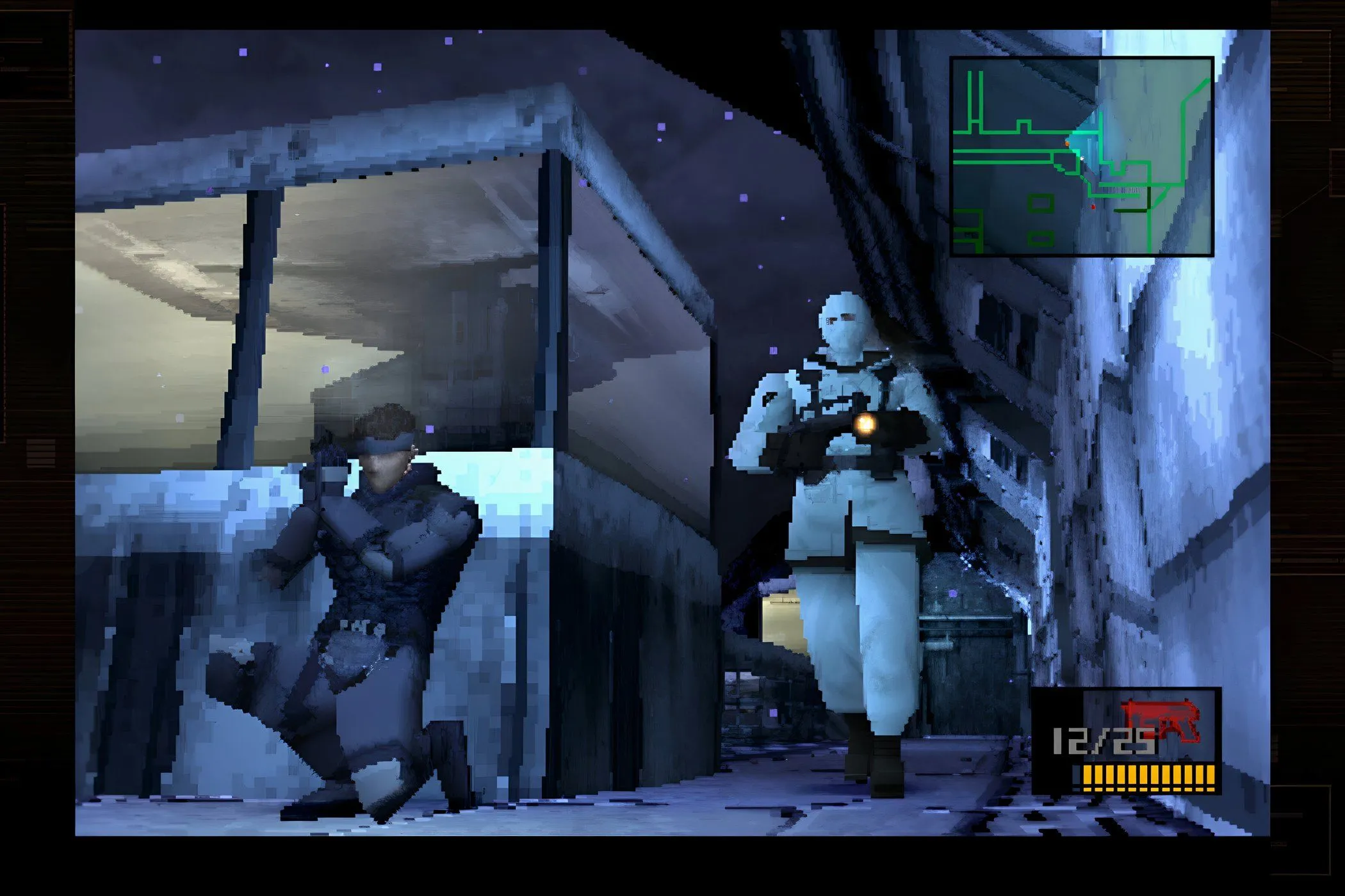 Solid Snake ẩn mình khỏi kẻ địch trong trò chơi Metal Gear Solid (1998)