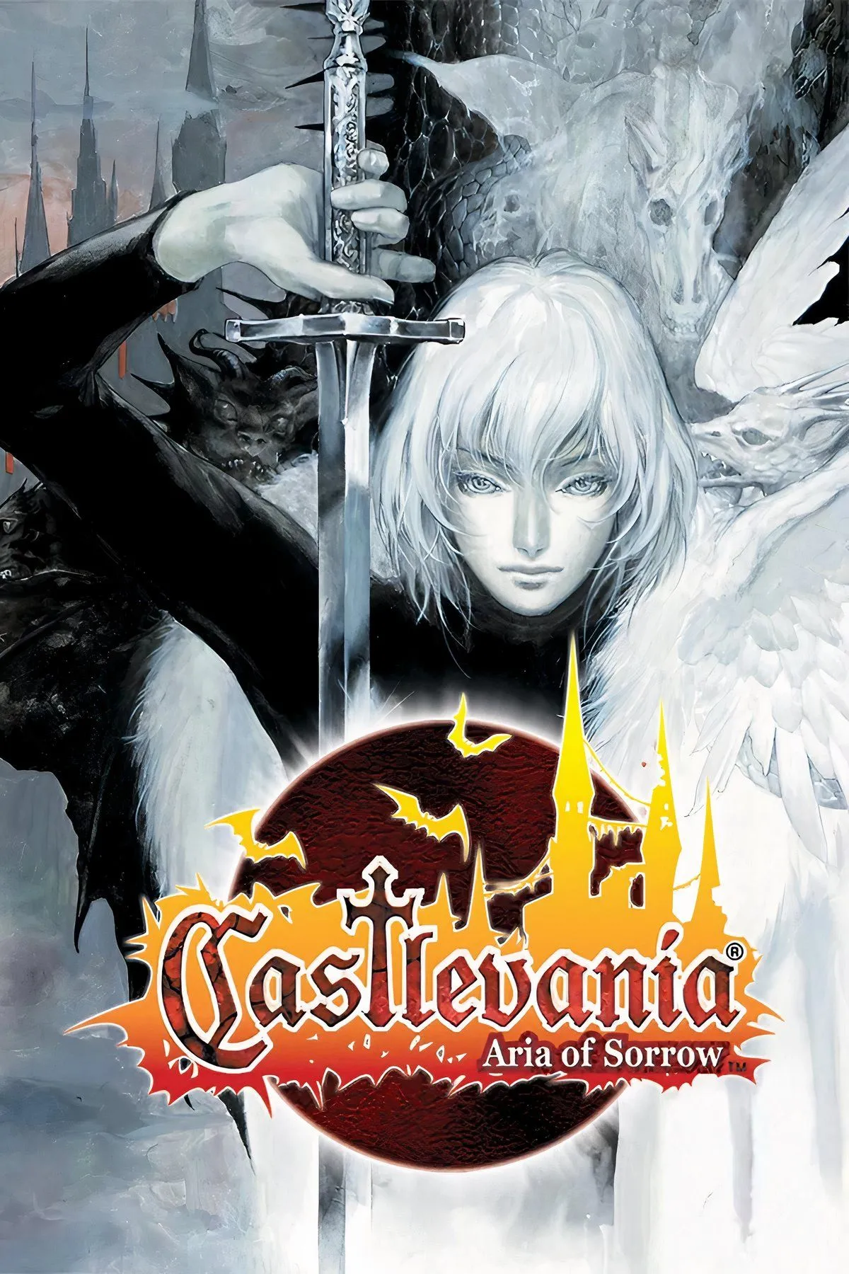 Soma Cruz chiến đấu trong ảnh bìa pixel art của Castlevania: Aria of Sorrow, game Metroidvania kinh điển
