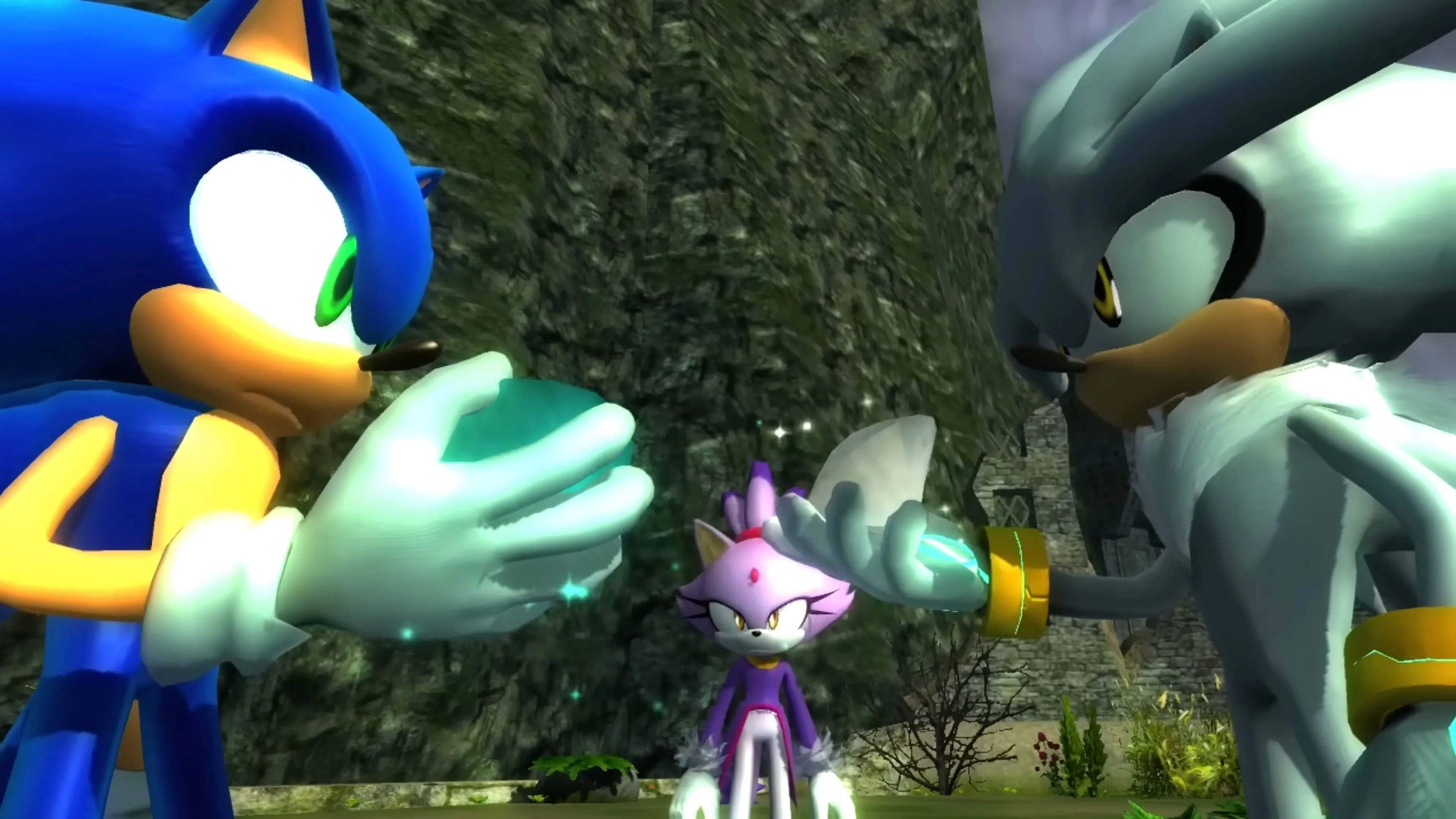 Sonic và Silver đối mặt trong một cảnh của game Sonic the Hedgehog 2006