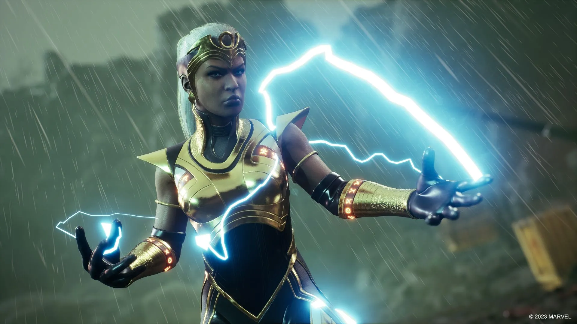 Storm sử dụng siêu năng lực trong Marvel's Midnight Suns với trang phục đặc trưng.