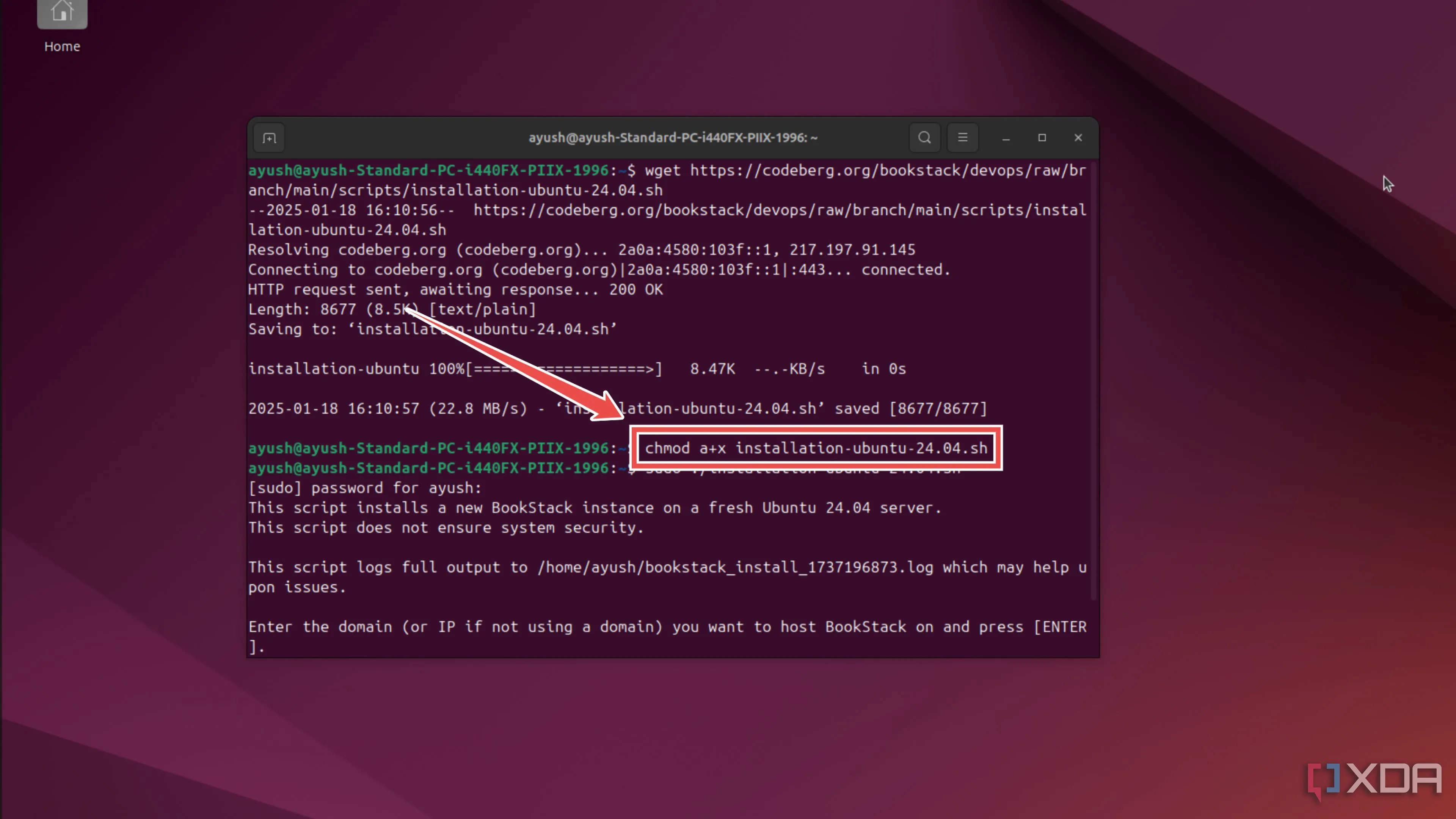 Sử dụng lệnh chmod a+x để cấp quyền thực thi cho script cài đặt BookStack