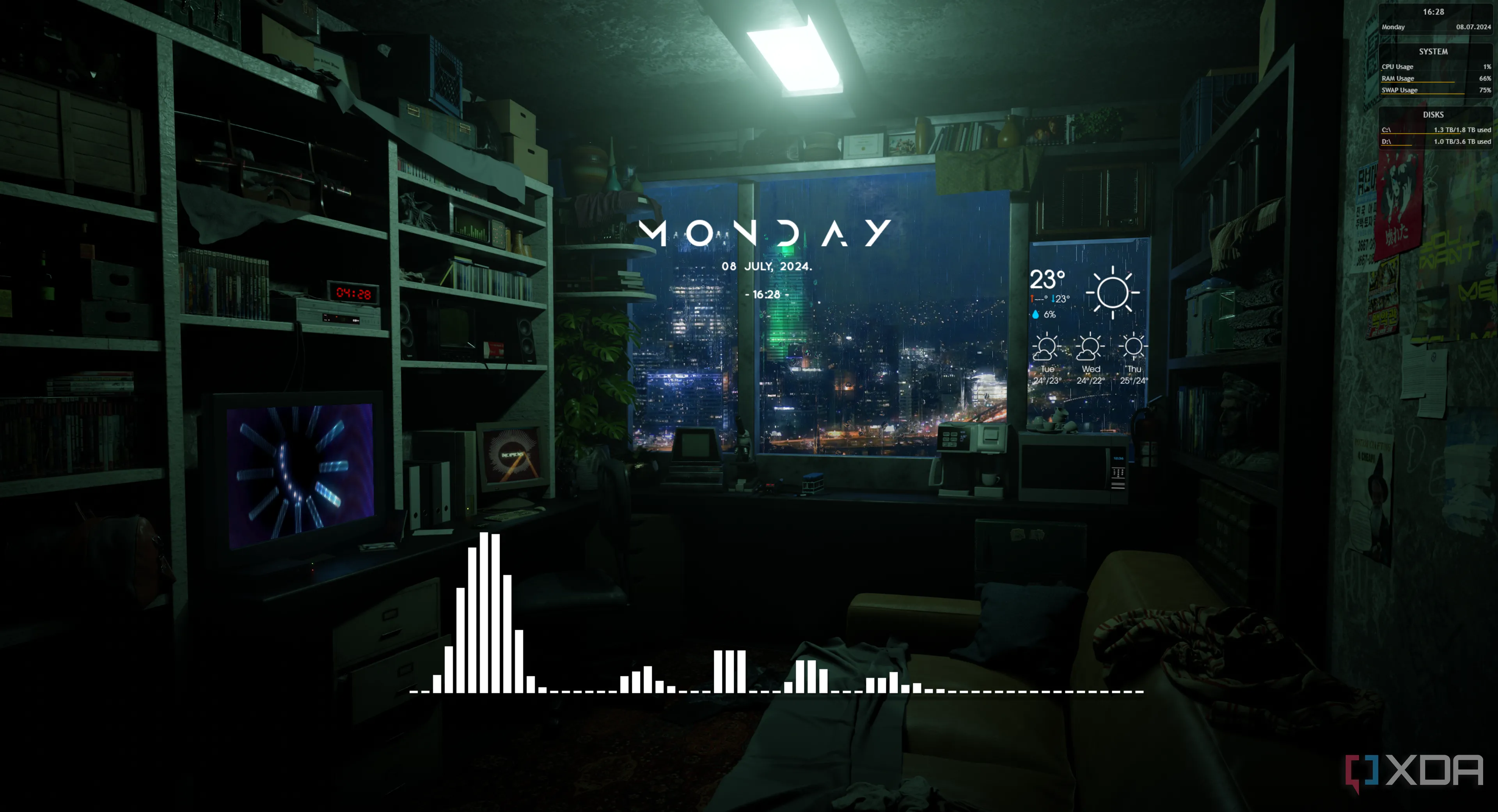 Sử dụng Rainmeter trên desktop Windows với các widget tùy chỉnh hiển thị thông tin hệ thống và thời tiết