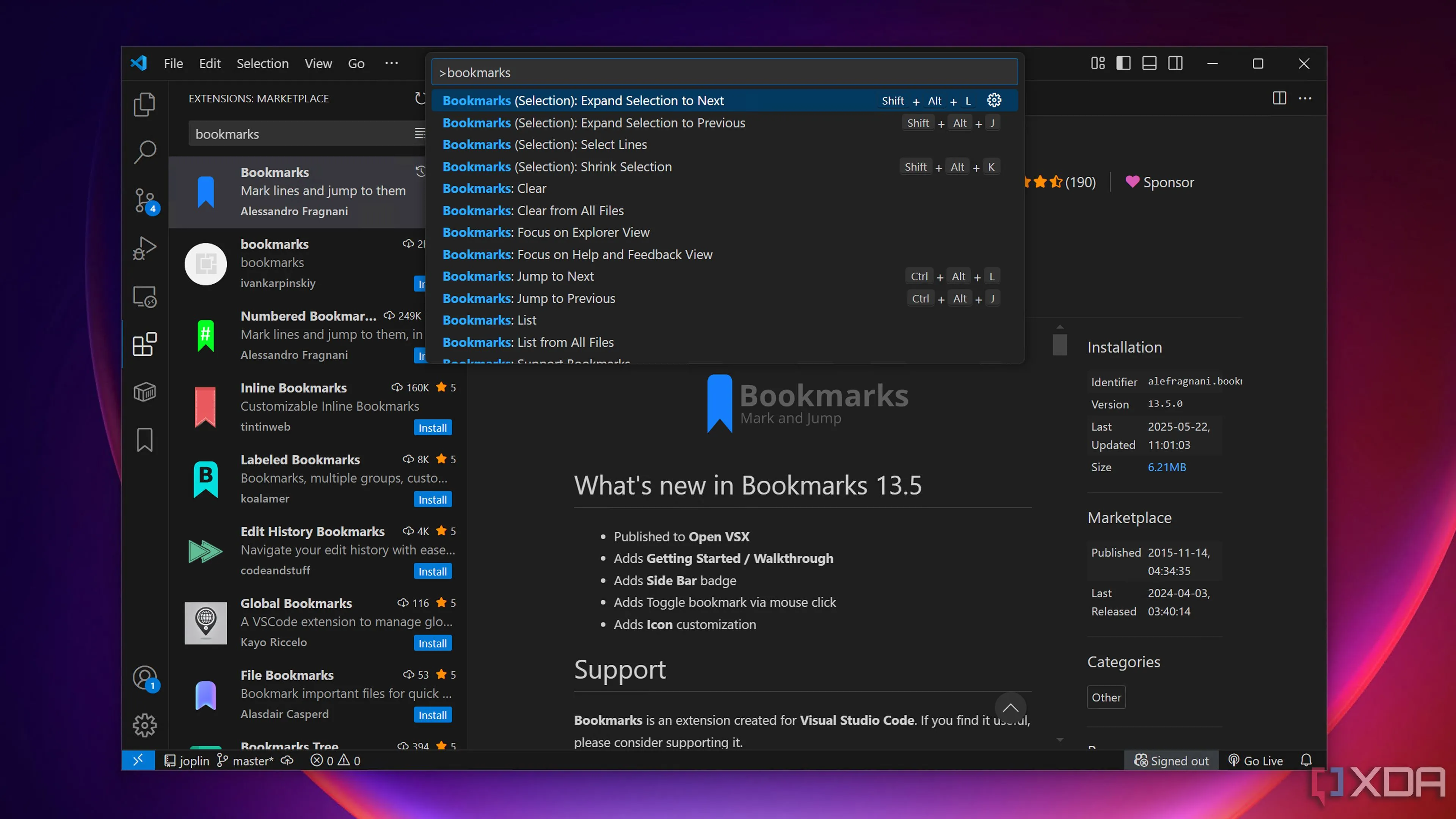 Sử dụng tiện ích mở rộng Bookmarks trong VS Code
