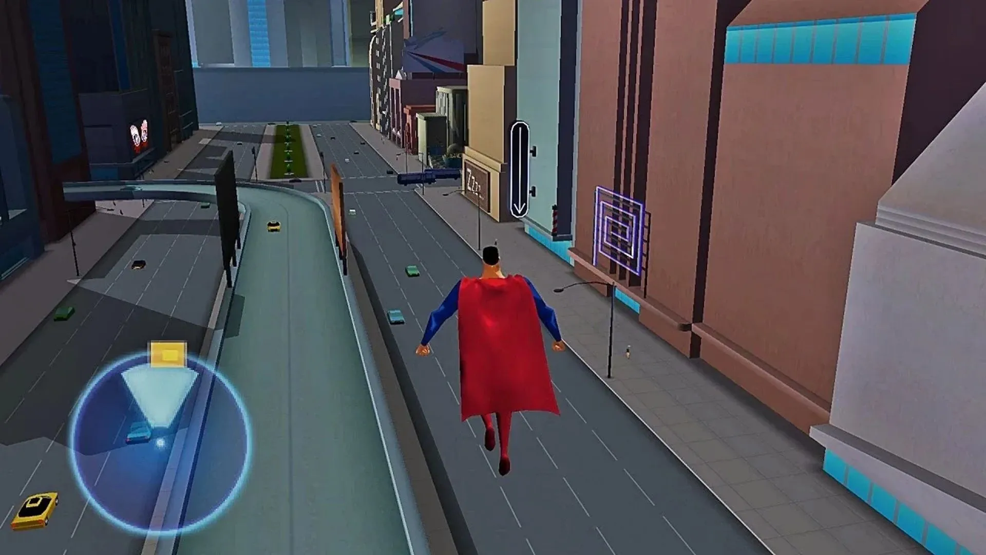 Superman đang bay lượn trên thành phố Metropolis, sẵn sàng chiến đấu trong game Superman: Shadow of Apokolips trên PlayStation 2 và GameCube.