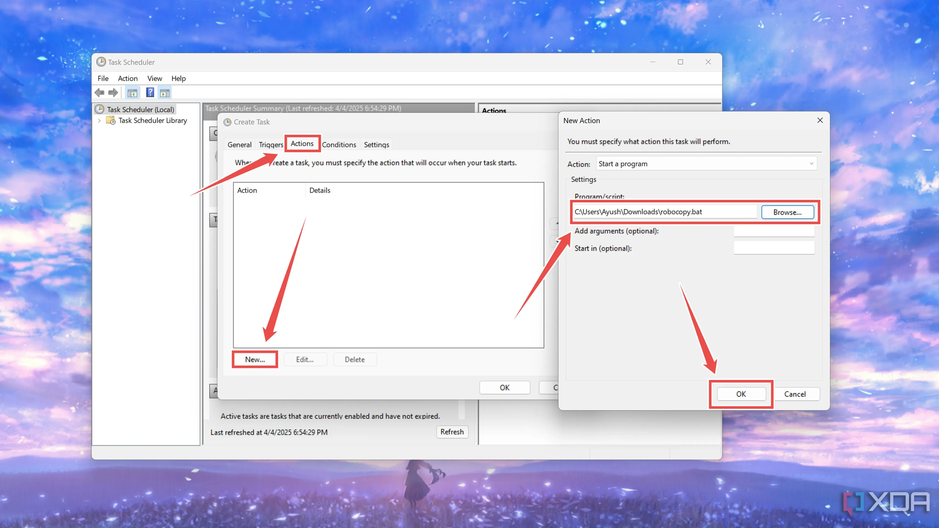 Tạo hành động mới cho Task Scheduler để chạy script Robocopy