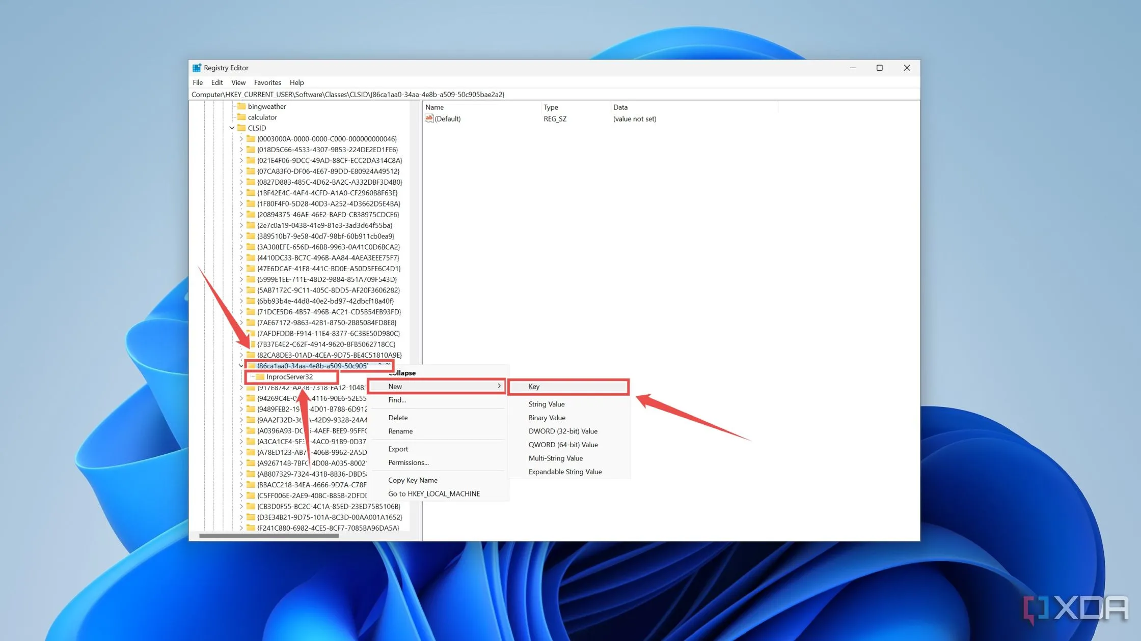 Tạo khóa InprocServer32 bên trong khóa {86ca1aa0-34aa-4e8b-a509-50c905bae2a2} trong Registry Editor