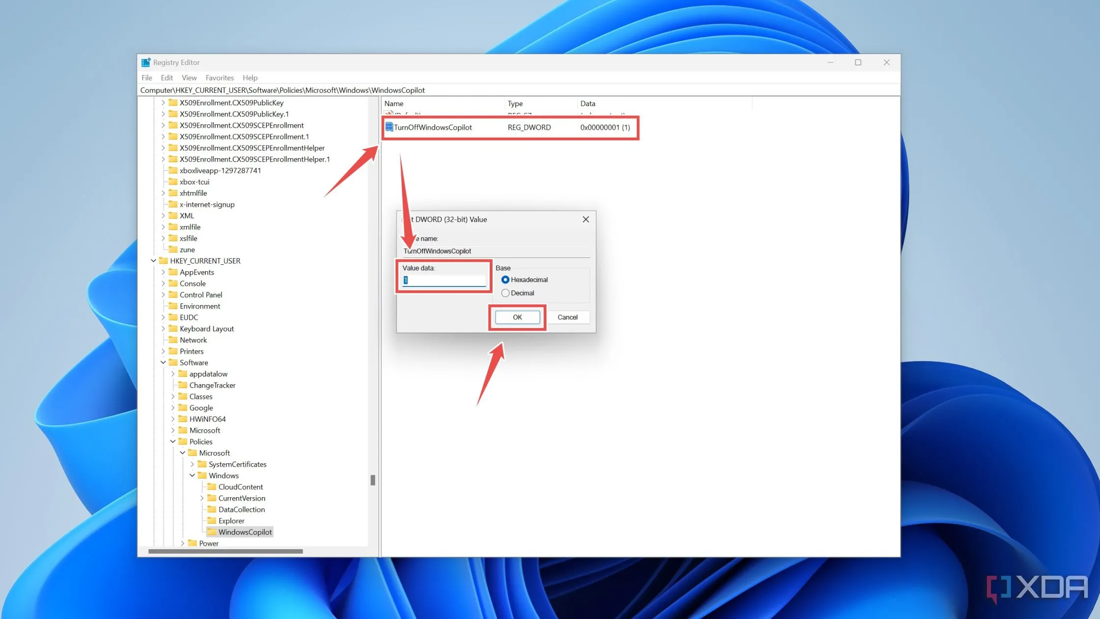 Tạo khóa WindowsCopilot và giá trị DWORD TurnOffWindowsCopilot để tắt tính năng Copilot trong Registry Editor
