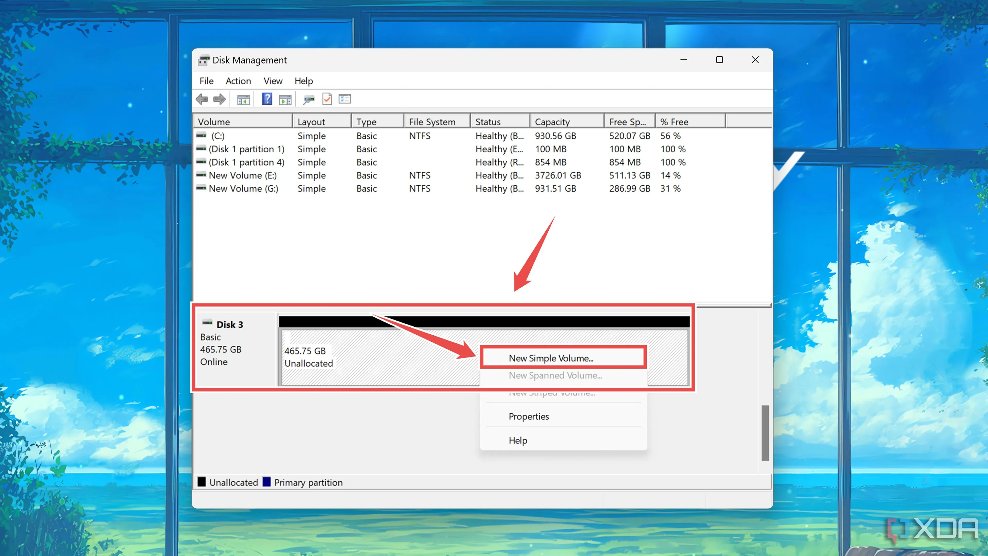 Tạo một phân vùng lưu trữ mới bằng cách chọn &quot;New Simple Volume&quot; trong Disk Management