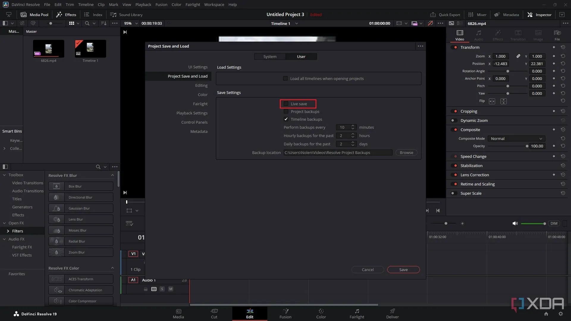 Tắt tính năng Live Save trong DaVinci Resolve khi làm việc với các dự án lớn