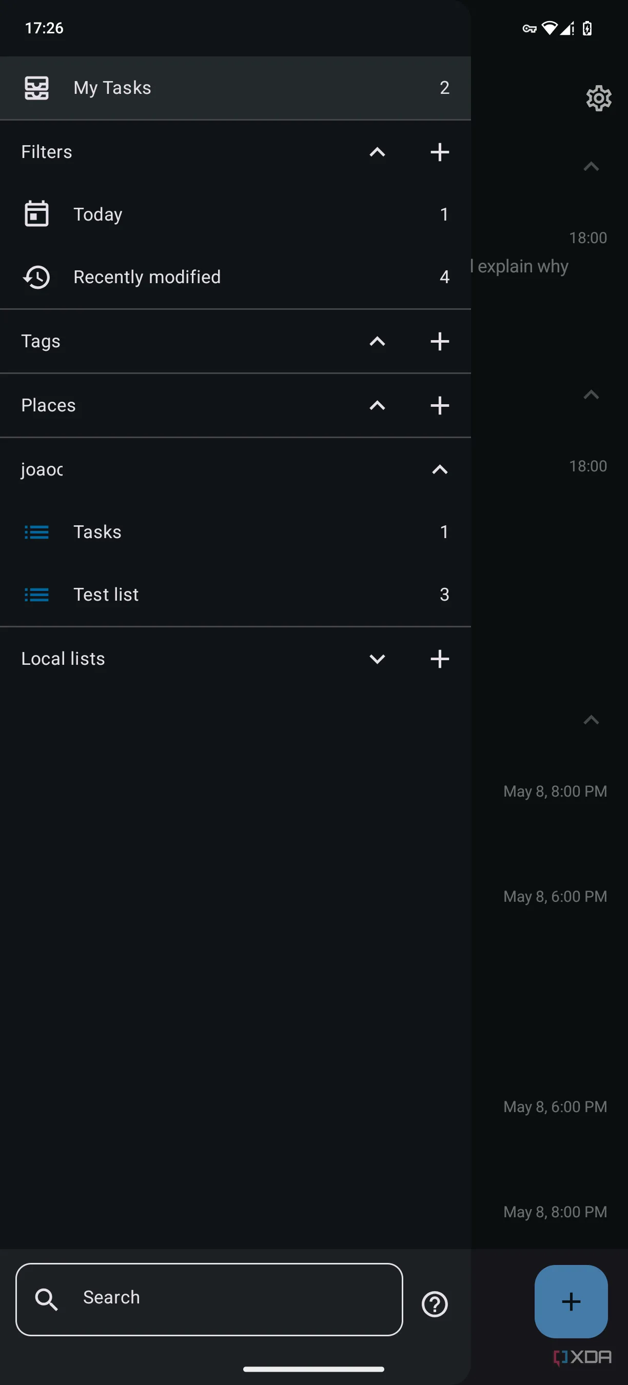 Thanh bên của Tasks.org trên Android hiển thị các tài khoản đồng bộ