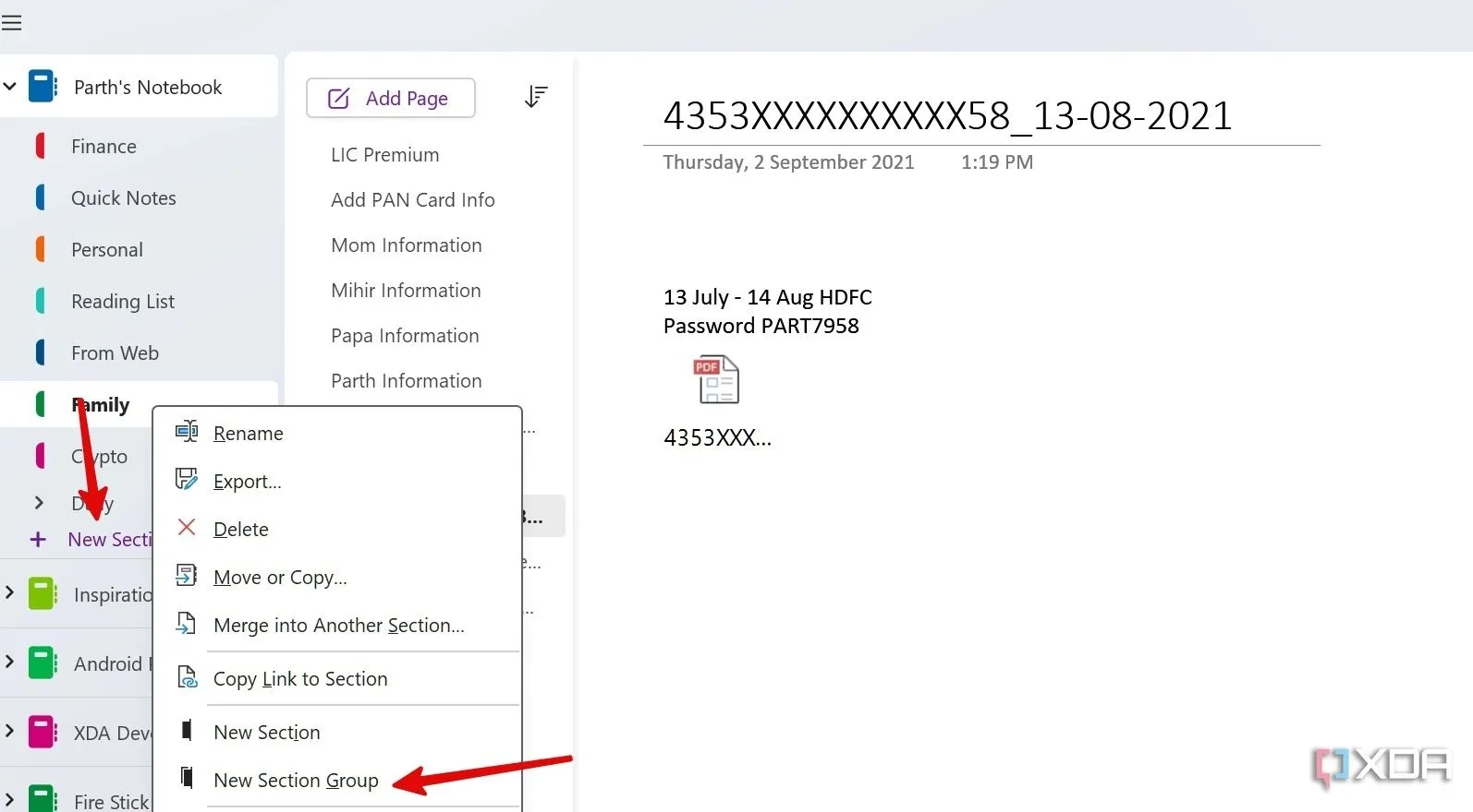 Thanh công cụ OneNote hiển thị cách thêm các phần (sections) và nhóm phần để tổ chức nội dung