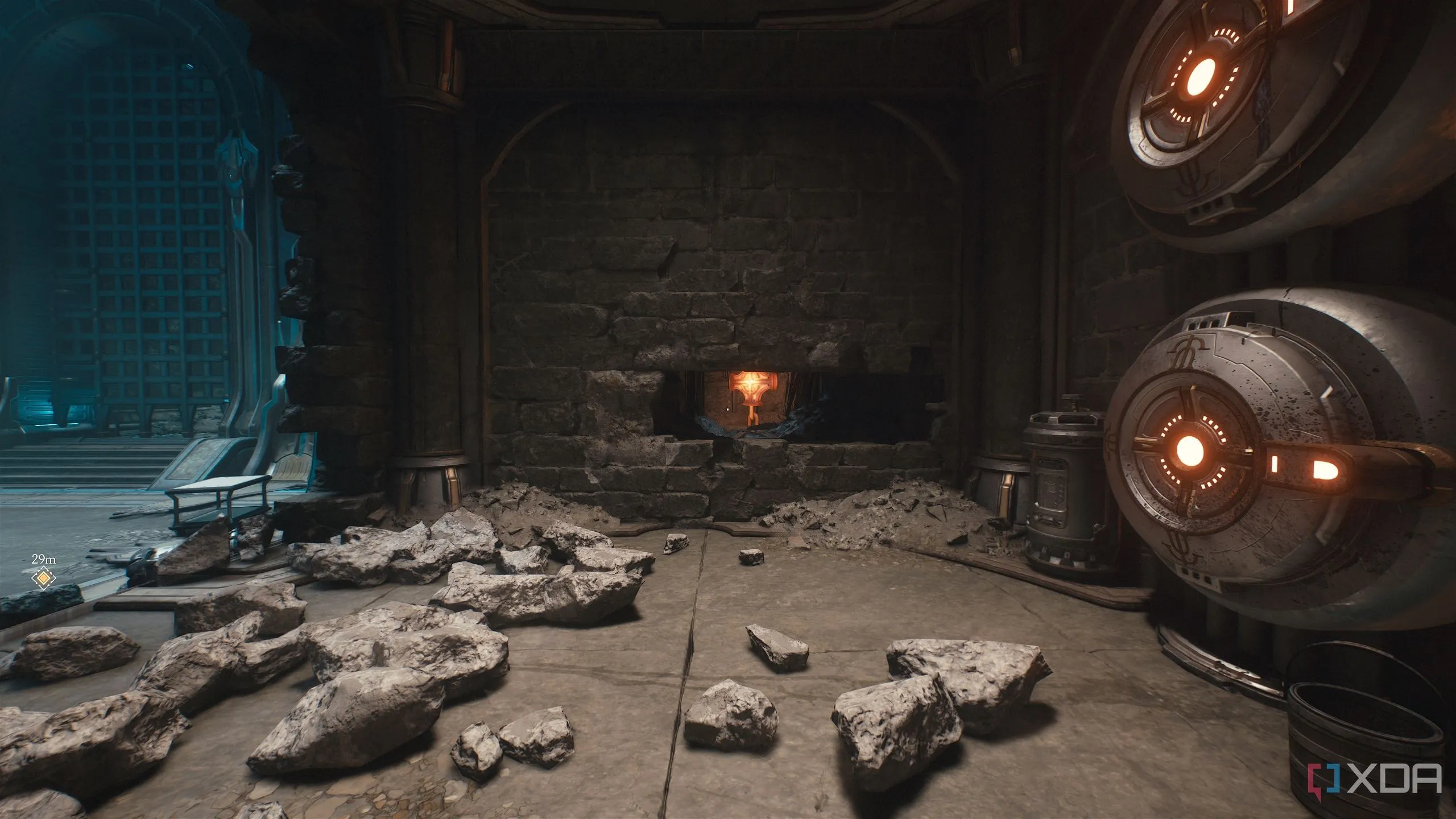 Thánh giá kim loại nóng qua khe tường trong Doom The Dark Ages
