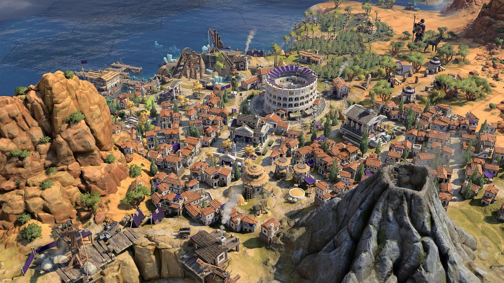 Thành phố cổ đại bên bờ biển trong Sid Meier's Civilization VII, minh họa sự phát triển nền văn minh qua các kỷ nguyên chiến thuật.