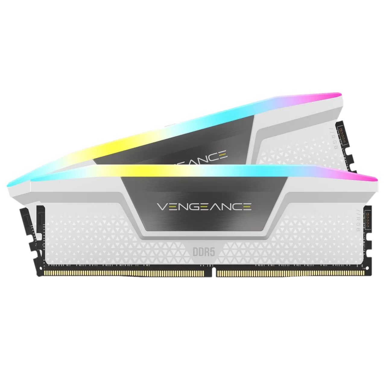 Thanh RAM Corsair Vengeance RGB DDR5-6000 CL30 32GB màu trắng, thể hiện sự kết hợp lý tưởng giữa tần số và độ trễ CAS, tối ưu cho hiệu suất bộ nhớ DDR5.