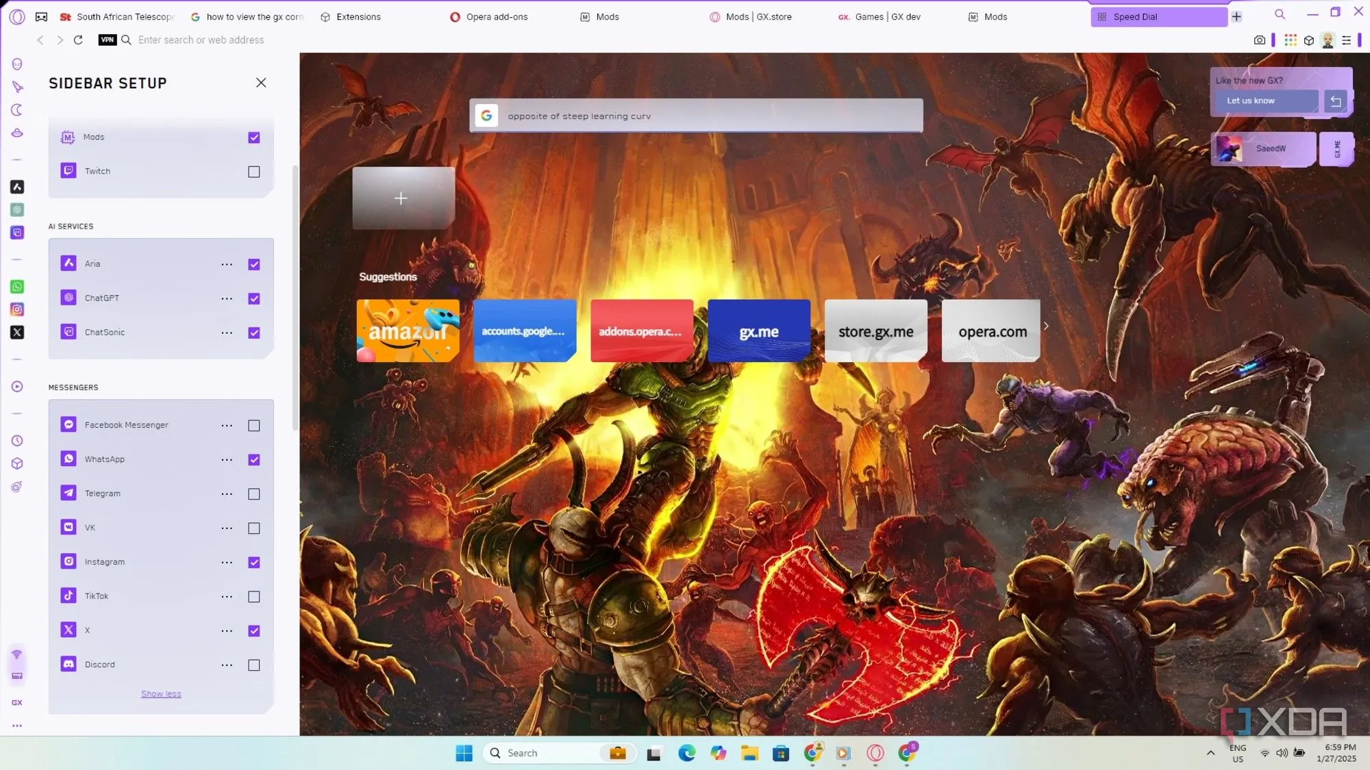 Thanh sidebar tùy chỉnh của Opera GX hiển thị các phím tắt nhanh đến ứng dụng nhắn tin và công cụ khác.