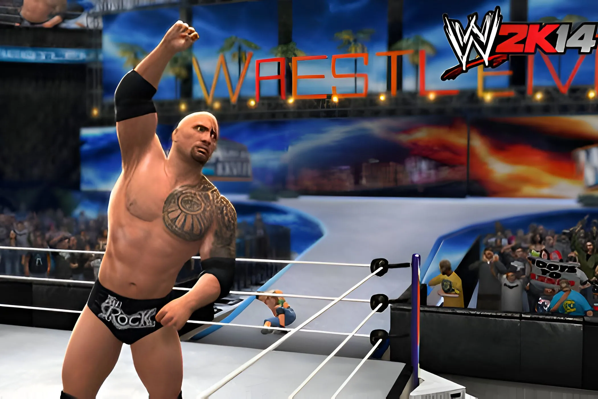 The Rock biểu diễn cử chỉ đặc trưng trong game WWE 2K14