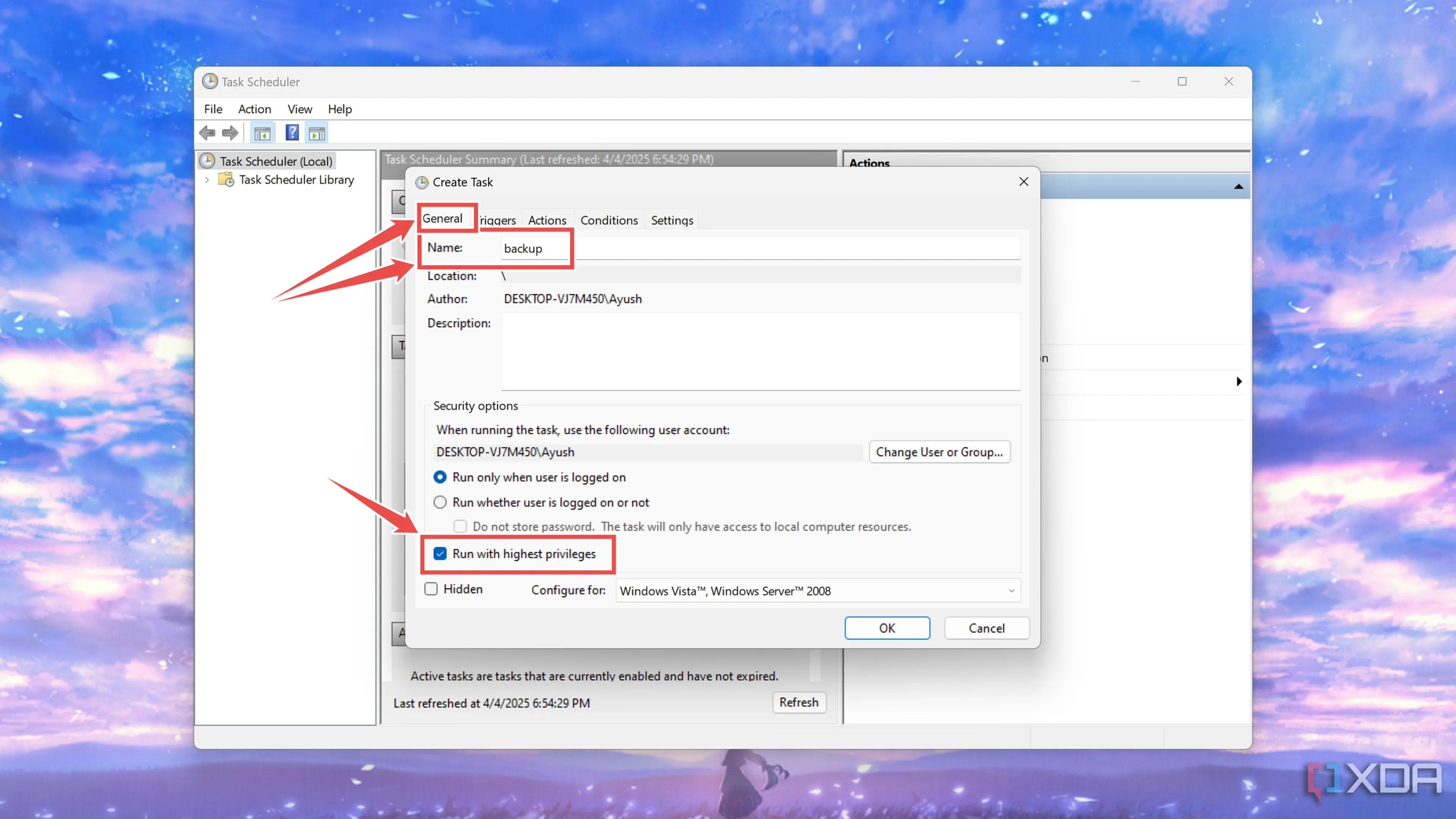 Thêm tác vụ mới với quyền cao nhất trong Task Scheduler