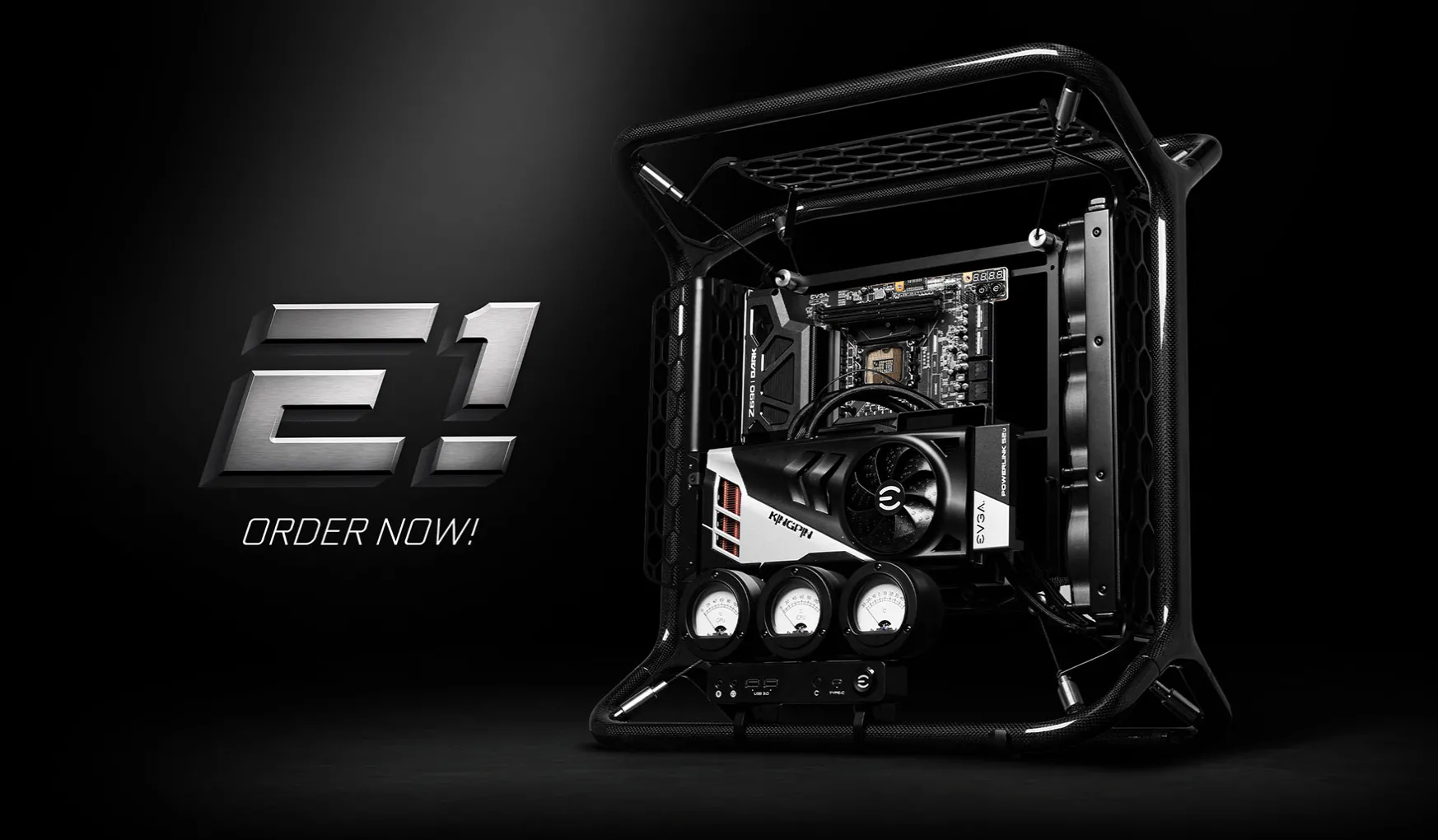 Thiết kế khung xương của case EVGA E1 với bo mạch chủ được treo lơ lửng và các đồng hồ analog độc đáo