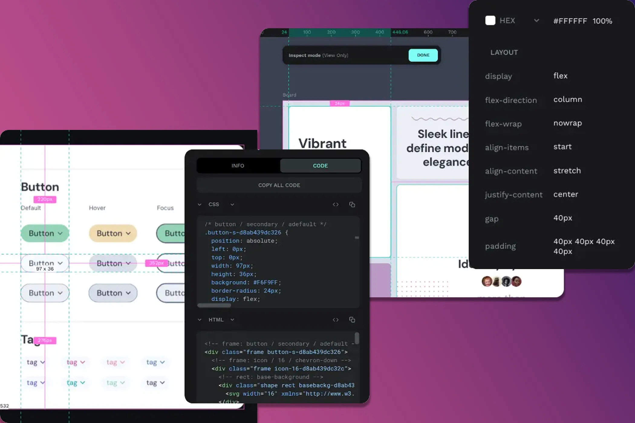 Thiết kế Penpot với mã HTML và CSS tự động hiển thị, hỗ trợ chuyển giao cho nhà phát triển