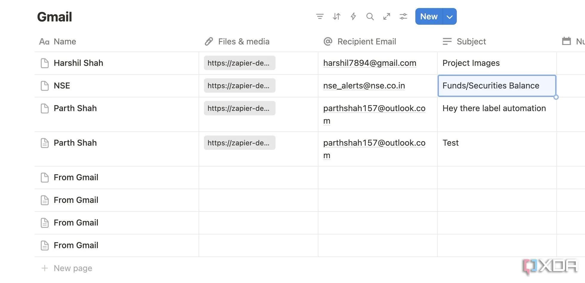 Thiết lập cơ sở dữ liệu Notion với các cột như Tên, Tệp &amp; phương tiện, Email người gửi, và Chủ đề để quản lý biên lai.