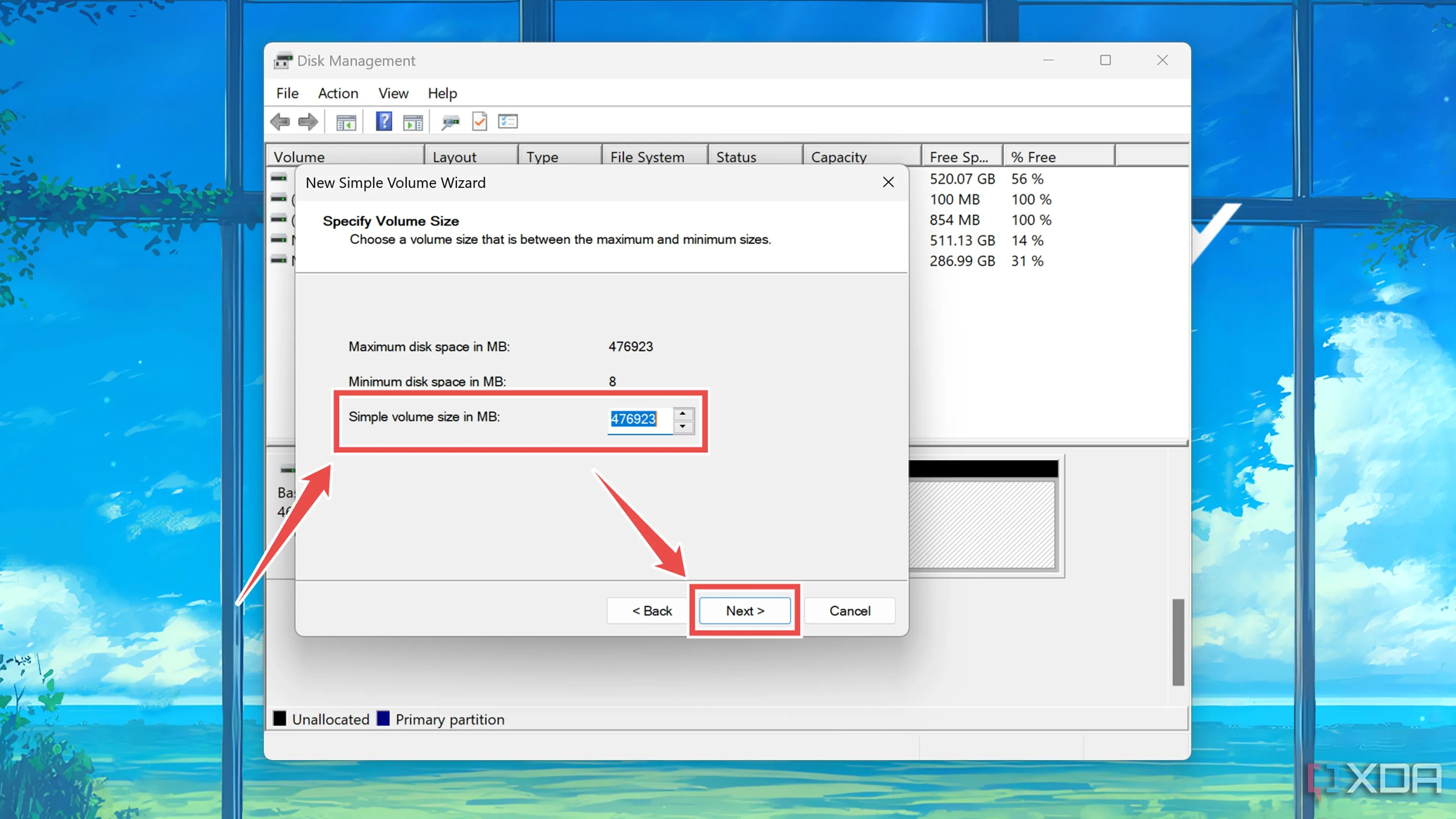 Thiết lập kích thước cho phân vùng ổ đĩa mới trong tiện ích Disk Management của Windows