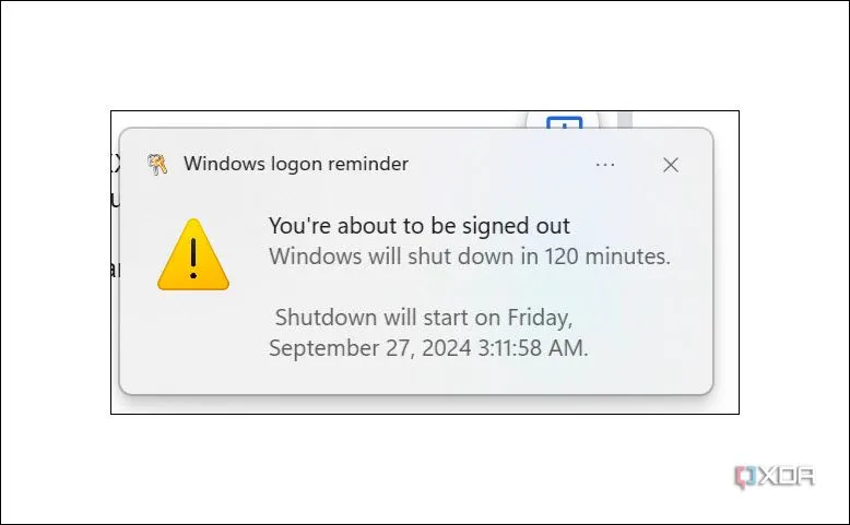 Thông báo xác nhận hẹn giờ tắt máy tính tự động trên Windows 11
