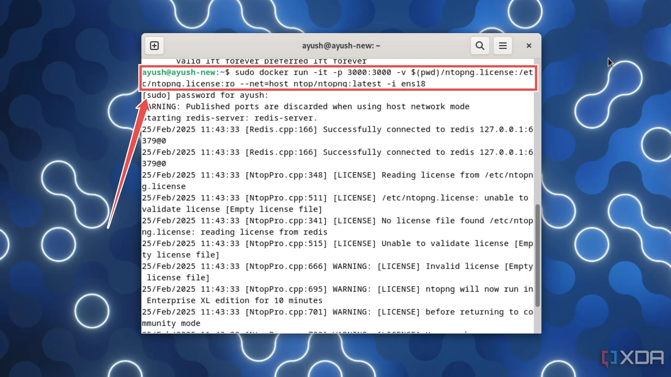 Thực hiện lệnh docker run để triển khai máy chủ ntopng trên hệ thống