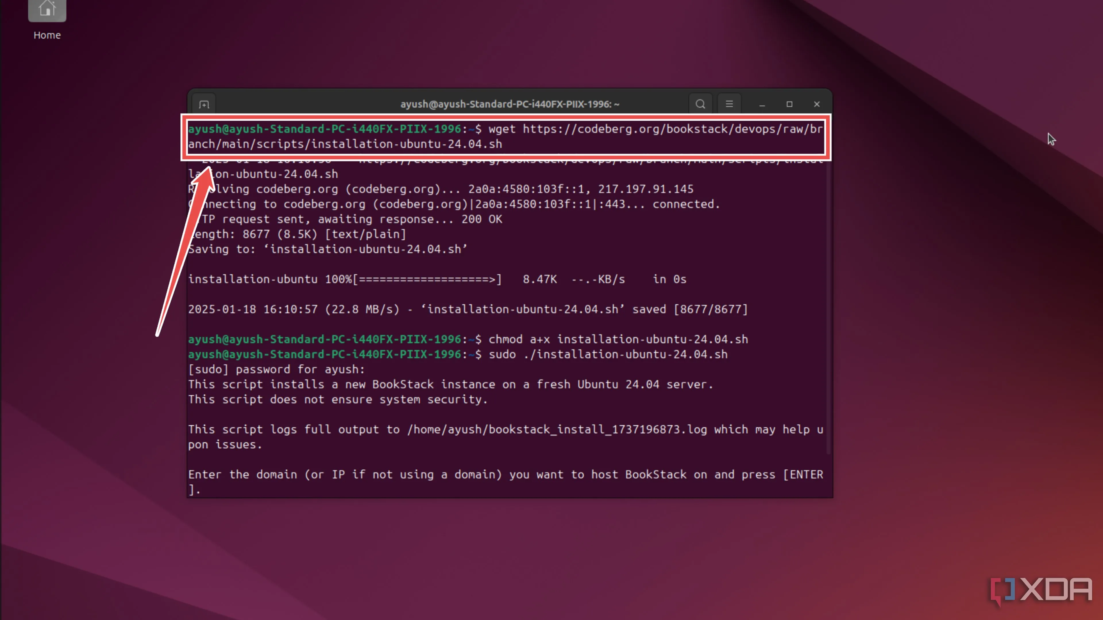Thực thi lệnh wget để tải xuống script cài đặt BookStack trên Ubuntu