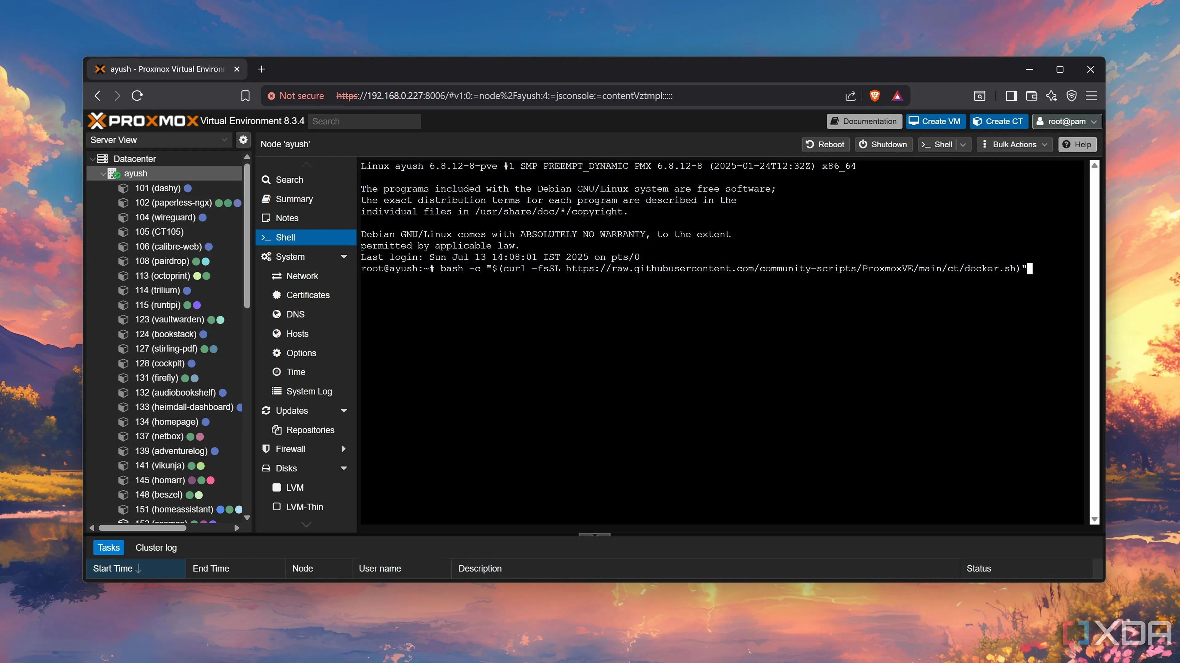 Thực thi script cài đặt Docker LXC trên Proxmox, minh họa việc triển khai container Linux