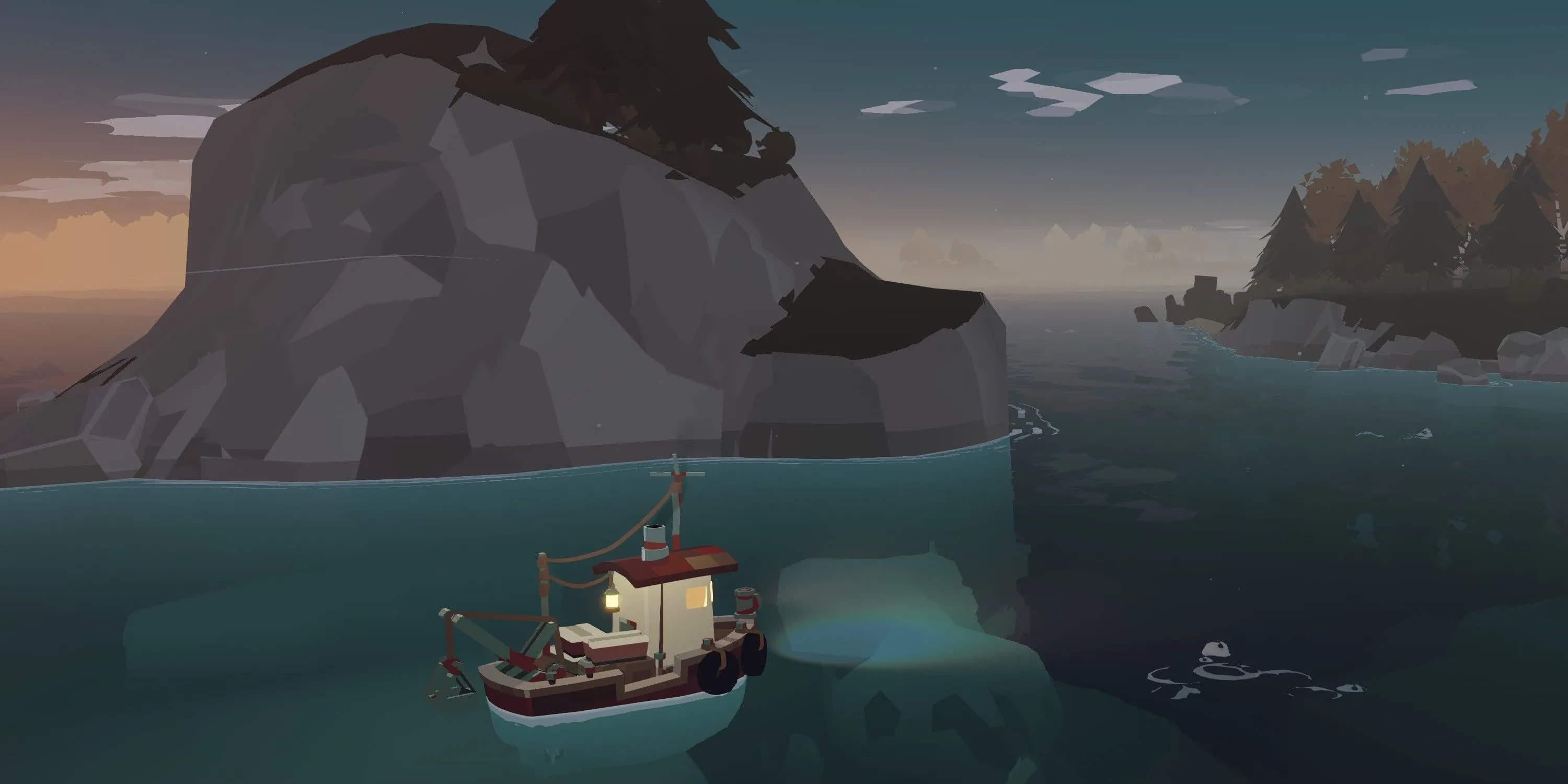 Thuyền kéo lưới trong game Dredge vào lúc hoàng hôn, với bầu không khí u ám